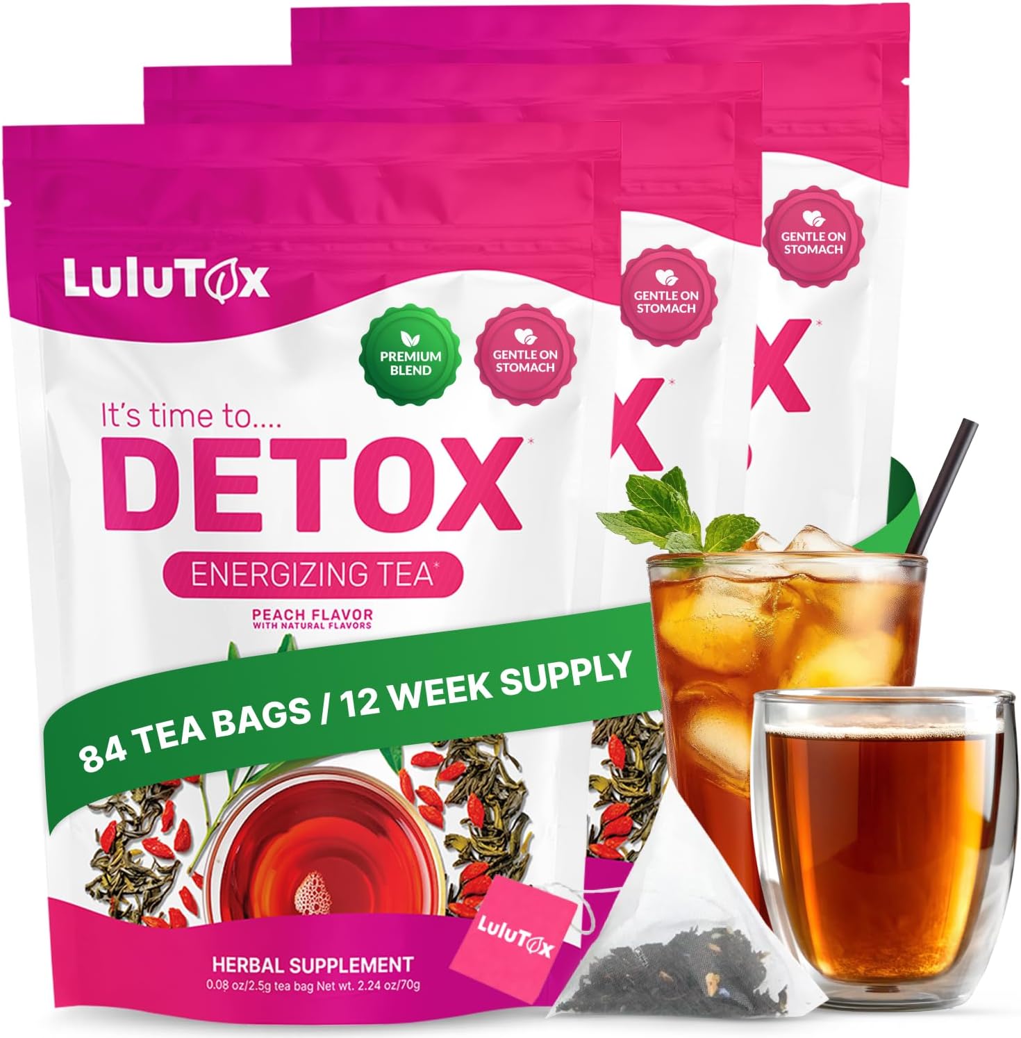 LULUTOX Detox Tea - Herbal Blend with Dandelion, Ginseng, and Ginger - Supports A Healthy Weight, Digestive Health - Vegan, All Natural, Laxative-Free - Peach Flavor (3 Pack x 28 Servings)