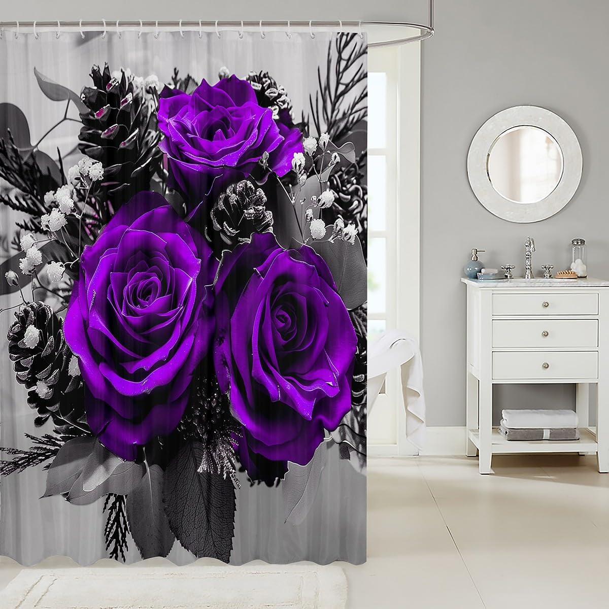 Rose Floral Waterproof Fabric Shower Curtain, Girls Women Purple Rose Shower Curtain, Romantic Botanical Flowers Bathroom Shower Curtain Sets, Famrhouse Style 3D Blossom Bath Curtain 72" Wx78 L
