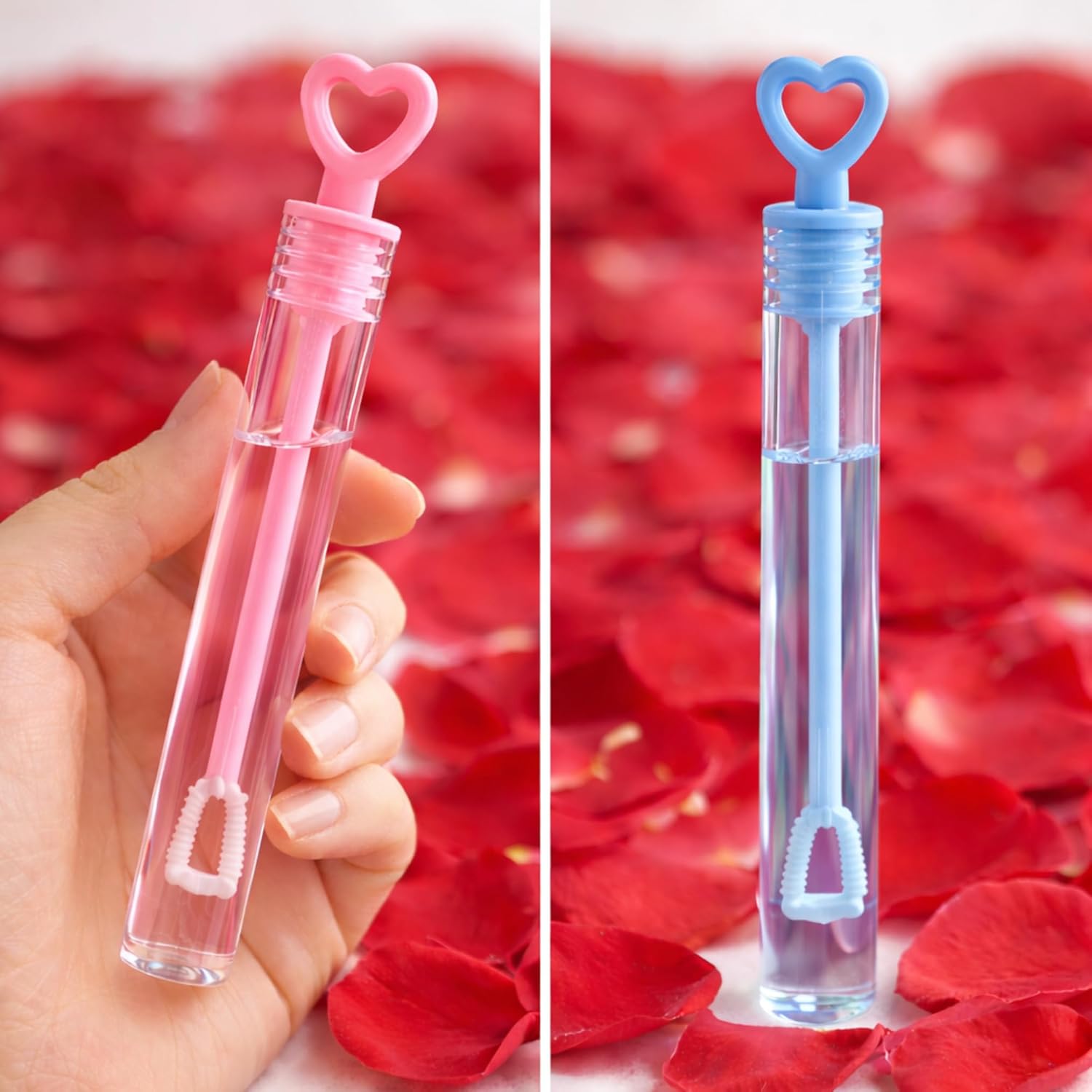 48 Pack Mini Heart Bubble Wands – Wedding Party Favors, Anniversary Celebration Supplies, 4” Bubble Tubes with Heart Wand for Bridal Showers, Birthdays & Special Events (Blue/Pink)