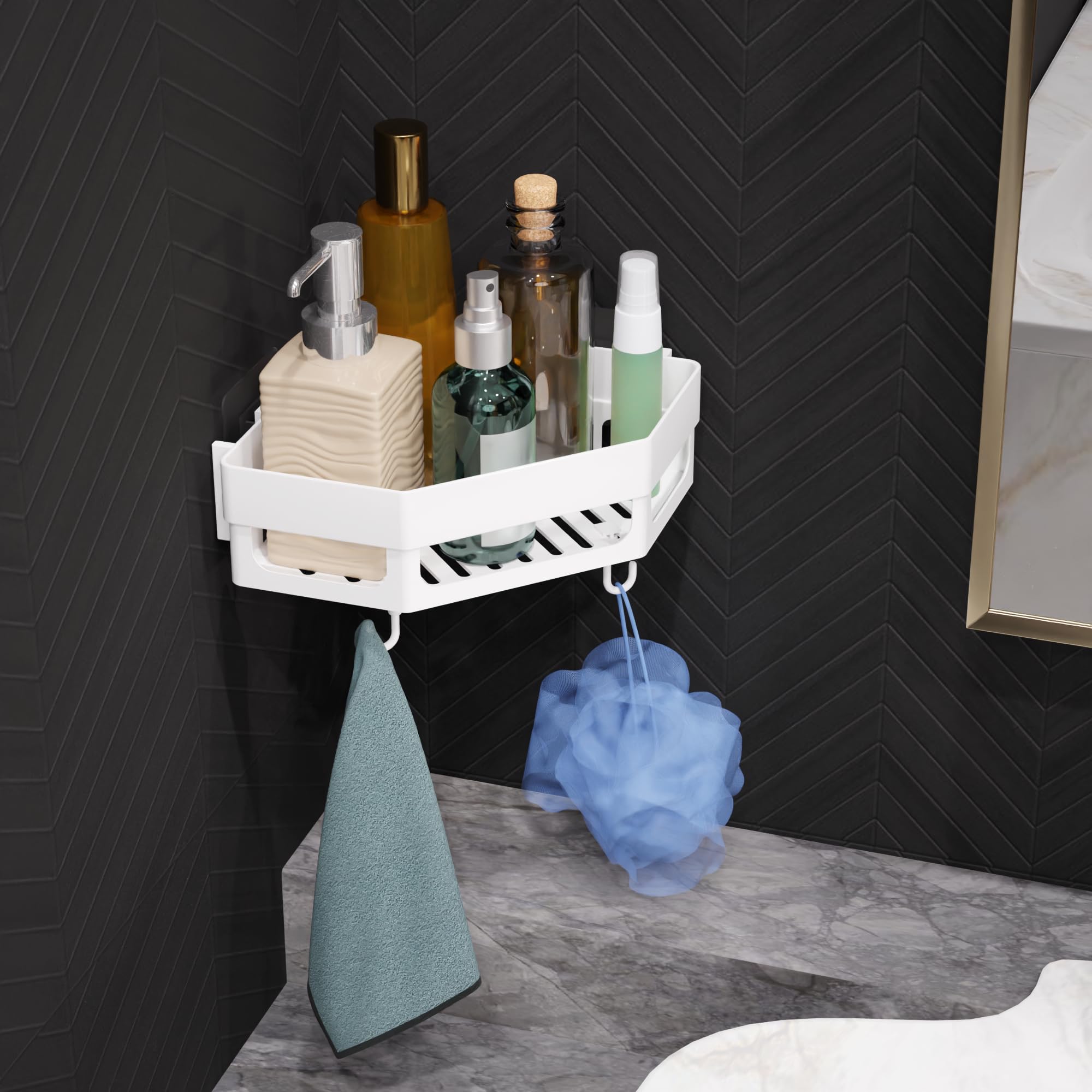 Diamond Shape Plastic Bathroom Corner Shelf Organizer Stand Wall Mounted Bathroom Accessories with Hooks Plastic Wall Shelf (White) (Diamond Corner Shelf, Pack of 01) (B0D2B3HQPQ) Amazon Price History, Amazon Price Tracker