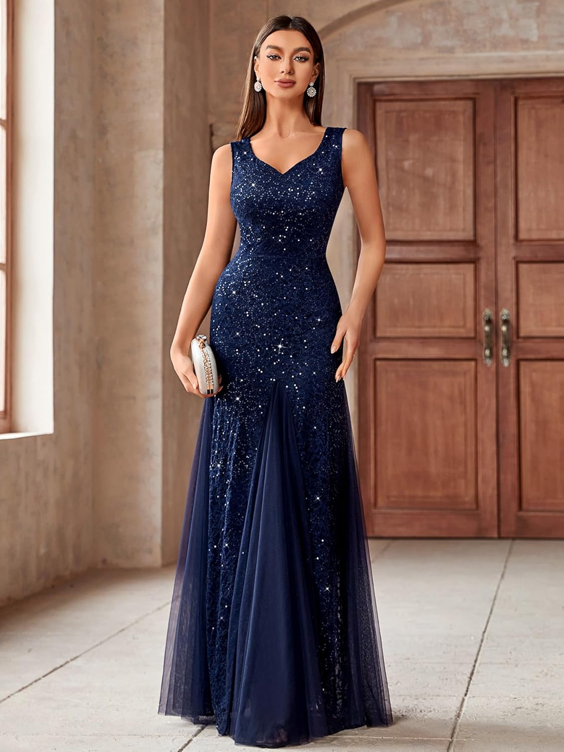 Miusol Women's Elegant V Neck Sleeveless Sequin Lace Evening Party Dress - Image 4