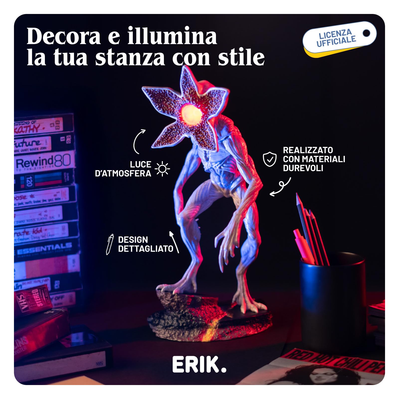 Lampada Stranger Things Demogorgone - Lampada da Scrivania Gaming e Comodino con Luce LED Rossa, Luce Notturna Stranger Things Ufficiale | Batteria Ricaricabile con Cavo USB-C (15 x 34 x 19 cm)
