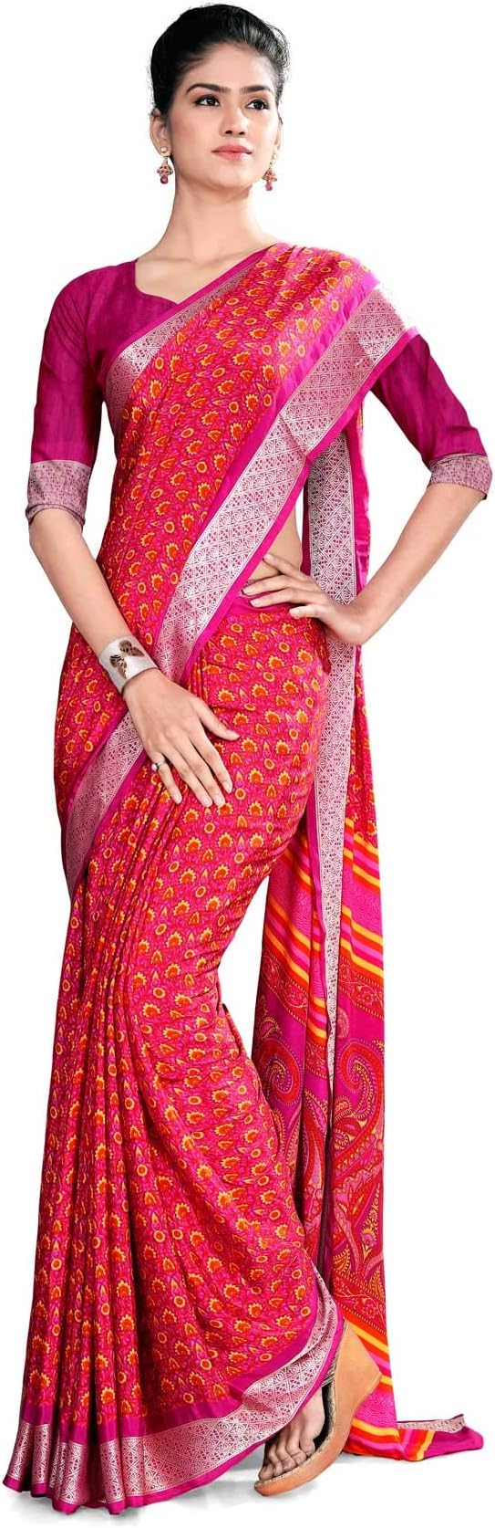 Uniform Sarees CorpWomen's Jacquard Silk & Crepe Uniform Saree With Blouse Piece