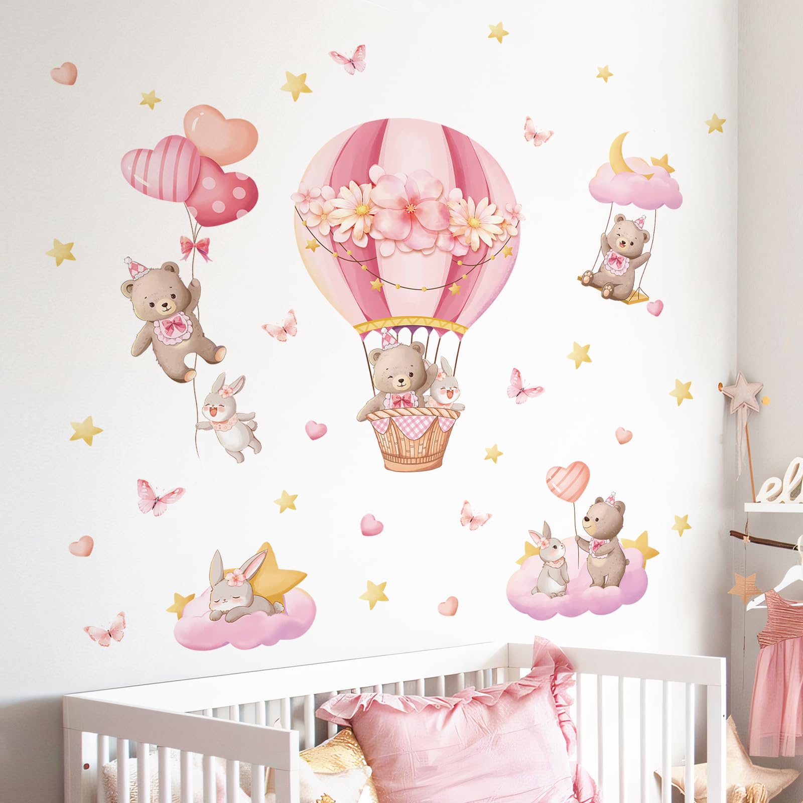 Tanlaby Mongolfiera Rosa Adesivo da Parete Orso Coniglio Stelle Nuvole Adesivi Murali Animali a Palloncino Decorazione Murale per la Cameretta dei Bambini Camera da Letto Aula