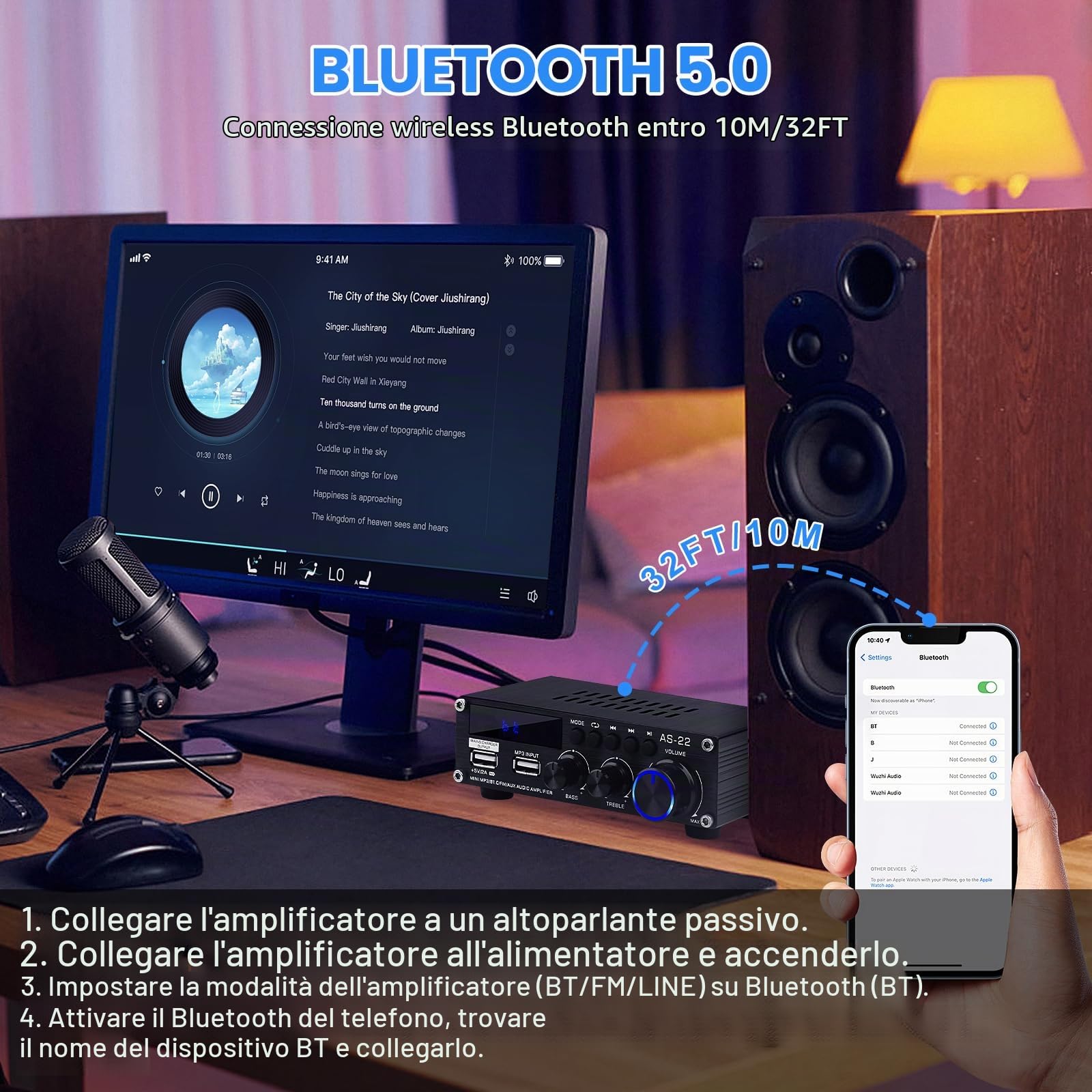 Amplificatore HiFi Bluetooth AS-22 Mini Amplificatore Audio Stereo 2.0 Canali 40W x 2 Classe D Ricevitore Amplificatore di Potenza Digitale con Ingresso BT AUX USB, DC 12V/5A