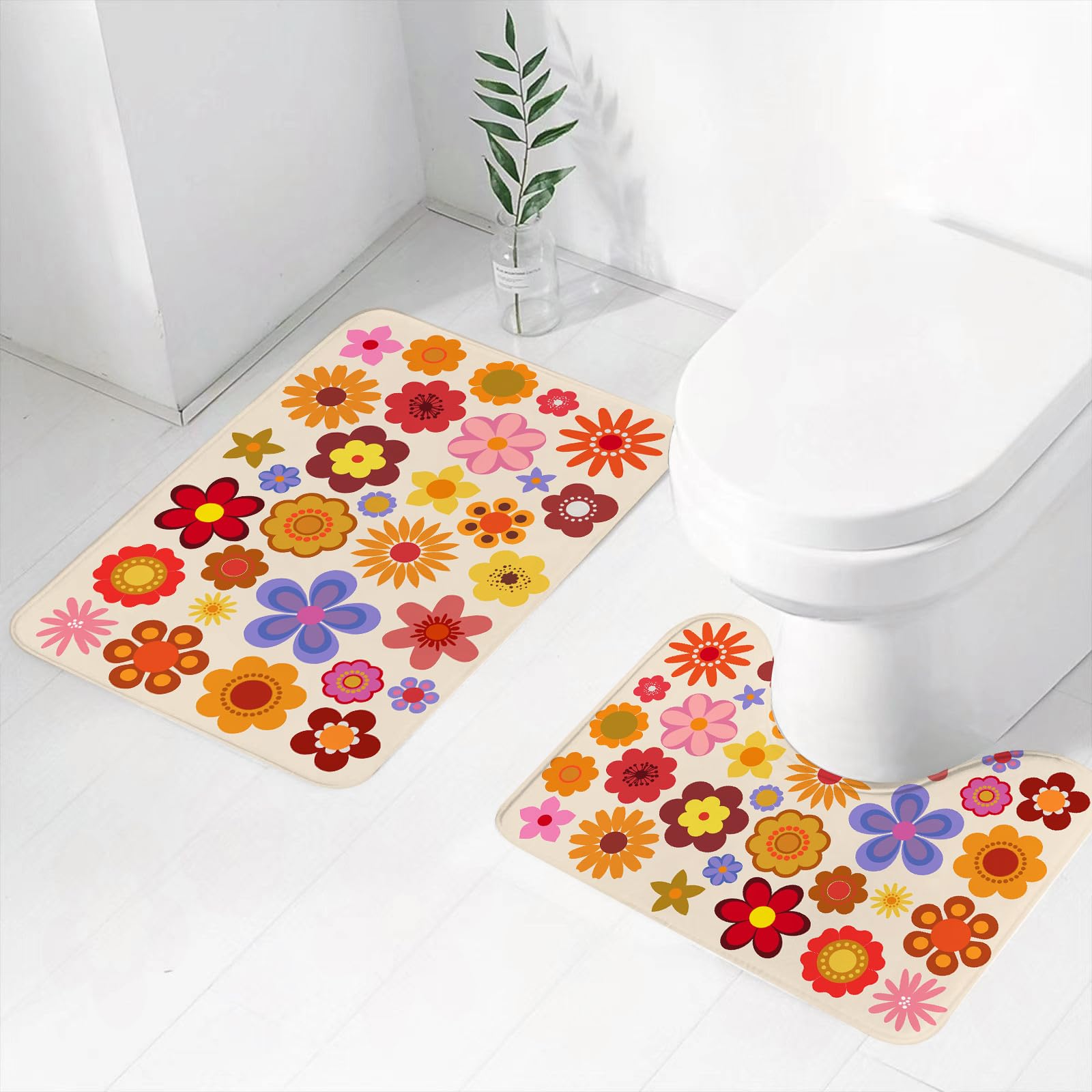 Set di 2 tappetini da Bagno, Lavabili in Lavatrice e Antiscivolo, in Morbida Fibra Superfine, con Motivo Floreale Vintage Anni '60 e '70.