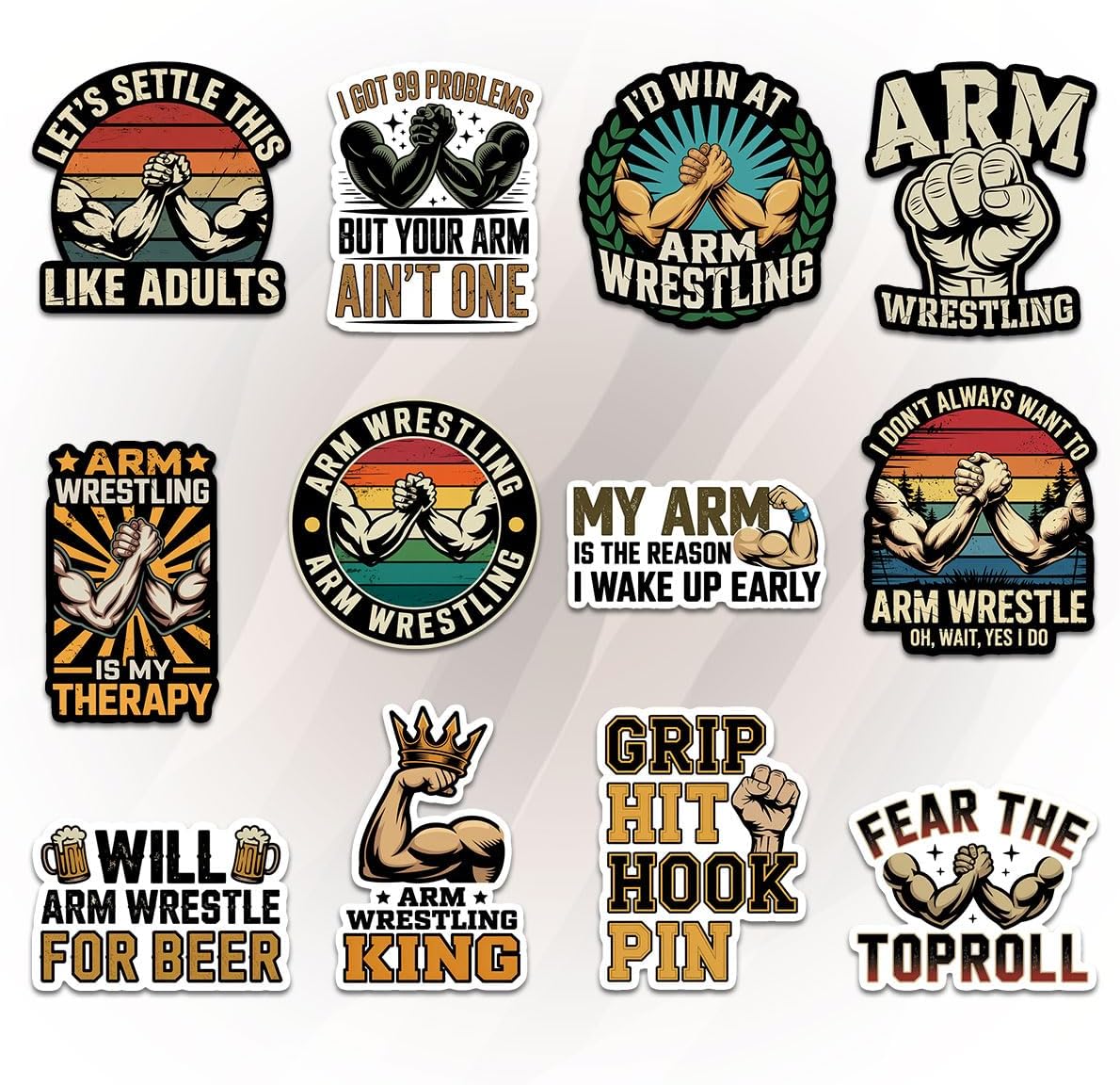 12 Pcs Arm Wrestling Stickers Set, Funny Gym and Strength with Quotes Like Grip Hit Hook Pin and Let’s Settle This Like Adults, Stickers for Bottle, Phone, Helmet, Locker, Workout Gear 3 Inches