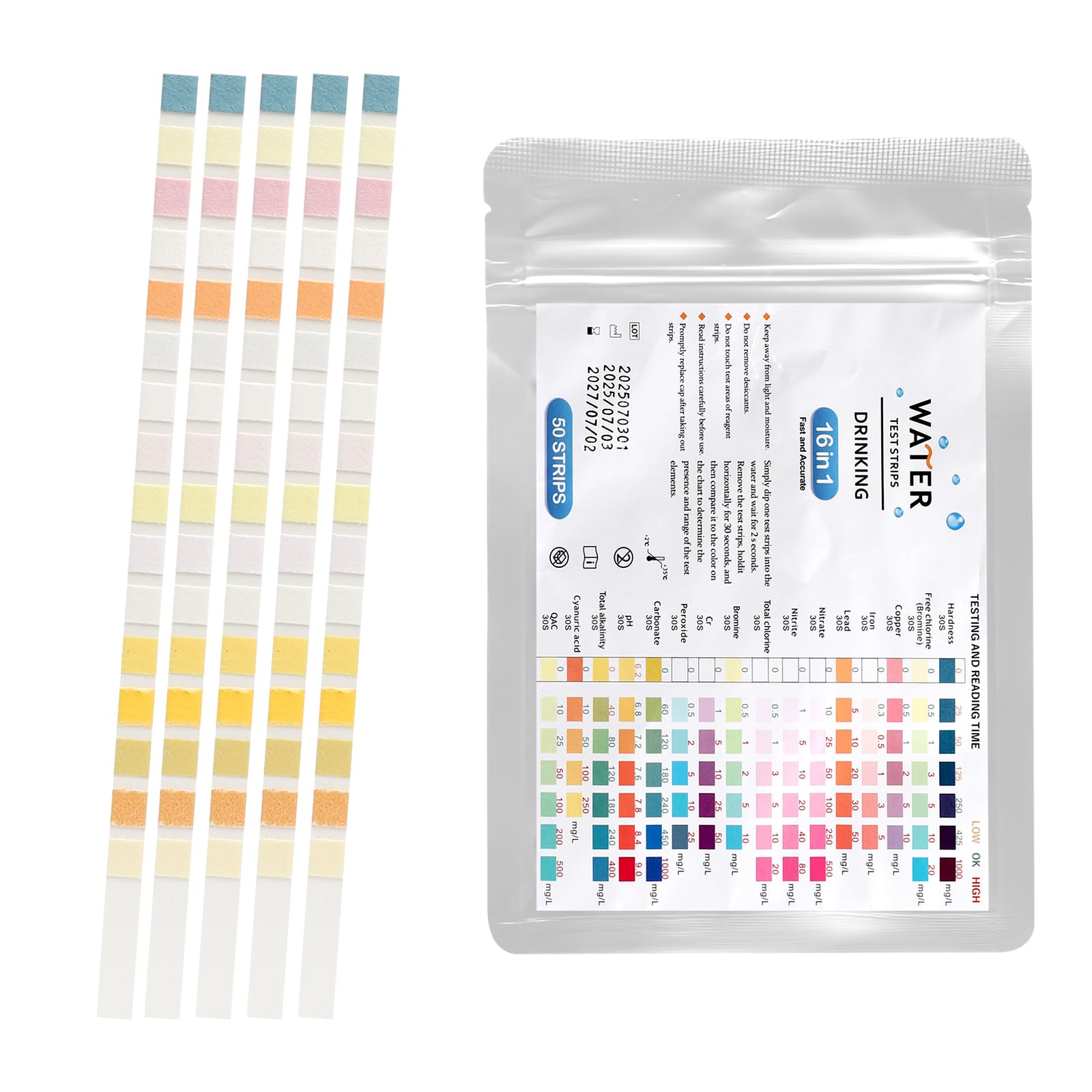 TNSLAND 16 en 1 Test eau Potable, 50 Pièces Test de La Dureté de L'Eau, Kit Analyse Eau, Test du PH, Plomb, Fer, Cuivre, etc., Convient pour L'Eau du Robinet Domestique, Aquariums, Les Piscines