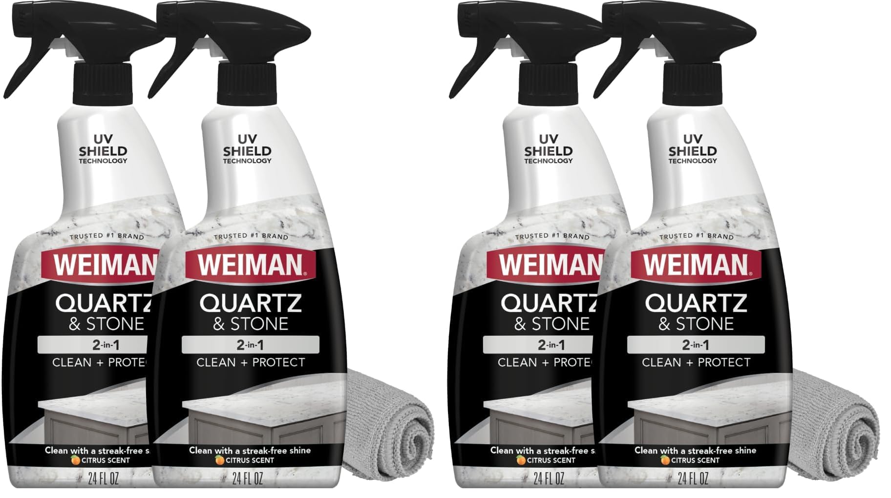 Weiman Quartz Countertop Cleaner and Polish - Clean and Shine Your Countertops Islands and Stone Surfaces with UV Protection, 24 Ounce with MicroFiber Towel, 4 Pack