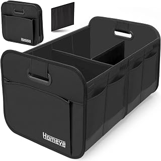 Homeve Collapsible Trunk Organizer for Car SUV Van - Waterproof Multi-Compartment Storage, Reinforced Handles, Durable 600D Oxford Polyester, Black