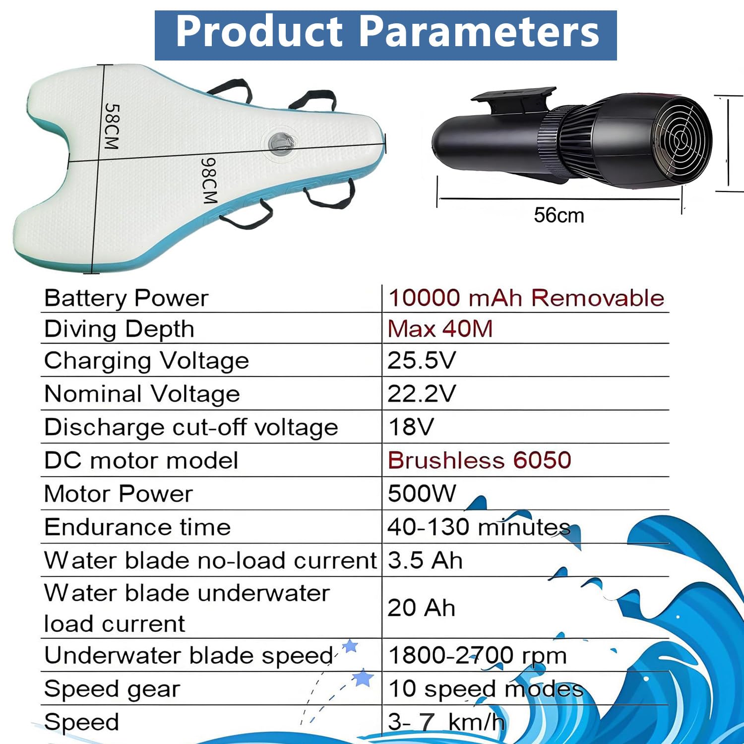 Tabla de surf eléctrica Jet Board, bodyboard inflable con motor SUP de 500 W, batería de 10 000 mAh (40-130 min), velocidad de 3 a 7 km/h, modo dual para principiantes y profesionales 500W10A