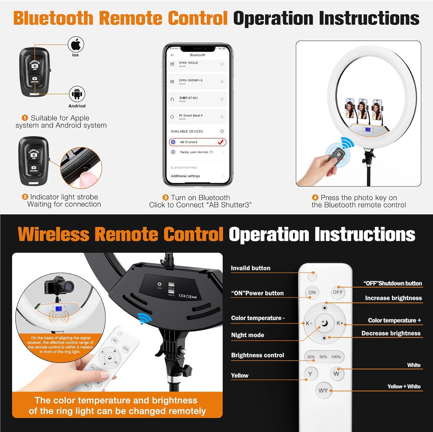 22-Zoll LED Ringlicht mit Stativ Dimmbar für iPhone/iPad mit Fernbedienung | 2600K-6500K Farbtemperatur, LCD-Display, Schwarz, Make-up, Selfie, Foto, YouTube, TikTok, Vlogging, Live-Stream, Tätowierer