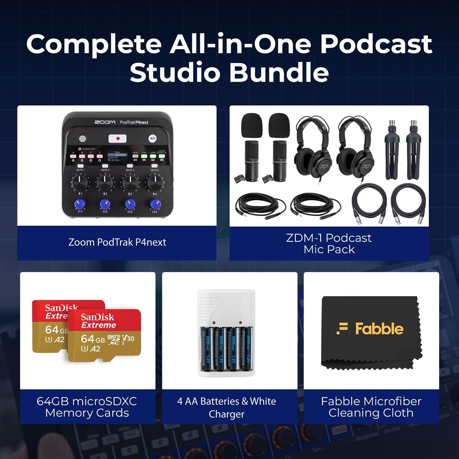 Zoom PodTrak P4next Podcast Recorder Bundle with 2x Zoom ZDM-1 Podcast Microphone Packs, Including Headphones, Windscreens, XLR Cables, 2× 64GB Memory Cards, and 4× AA Batteries & White Charger