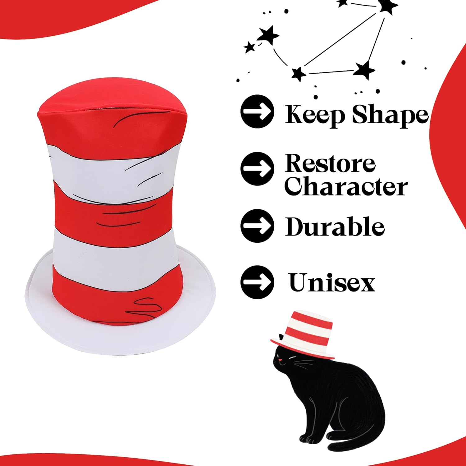 Wizland Accessories for Read Book Day Costume，Cat Hat in White and Red Stripe Print Suit，Book Character Cosplay for Kid Adult - Image 2