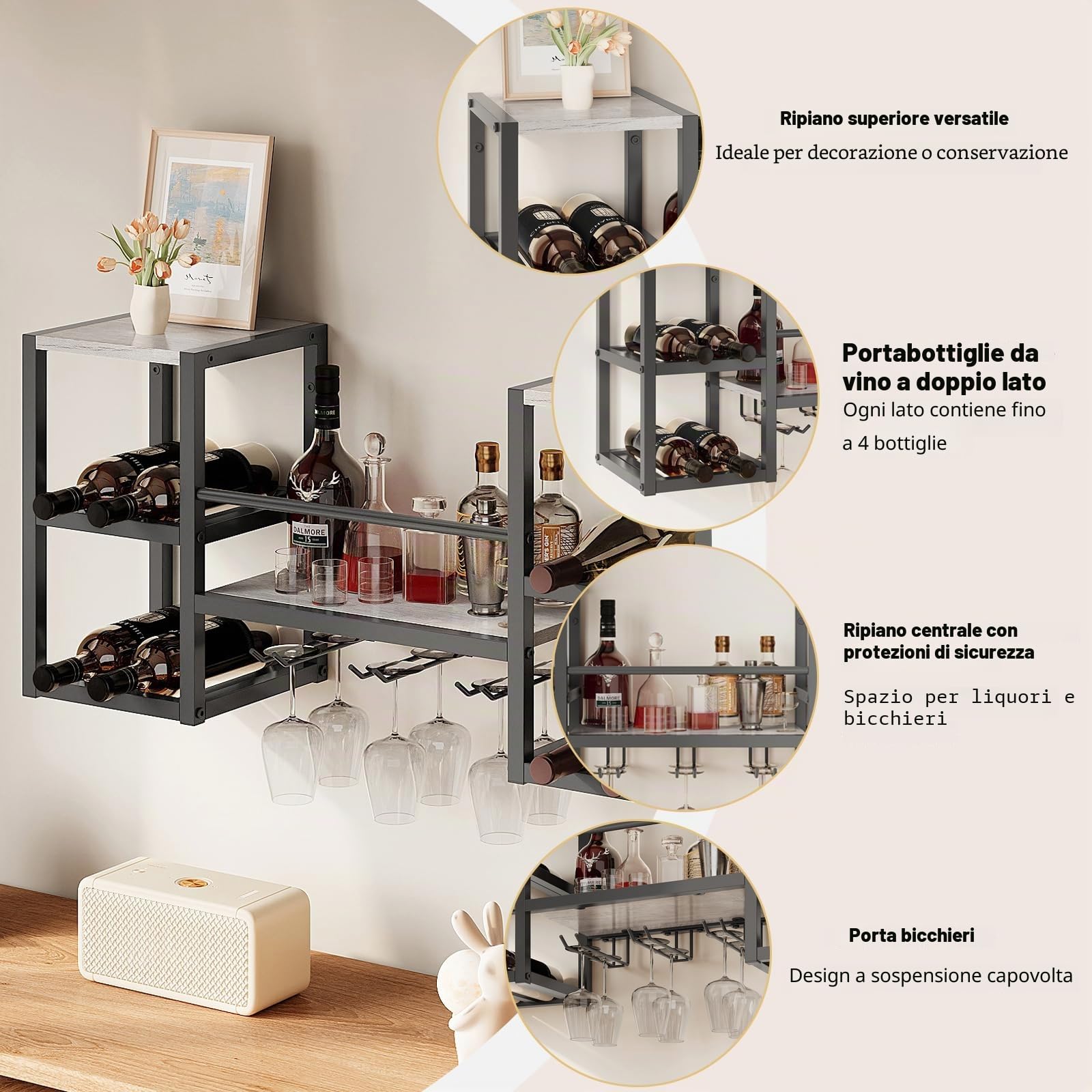 VEDECASA Portabottiglie a Parete, 3 Livelli Portabottiglie a Parete con 6 Supporti per Bicchieri, Supporto per Espositore di Vino a Parete, Portabottiglie Multifunzionale a Parete per Bar, Cucina
