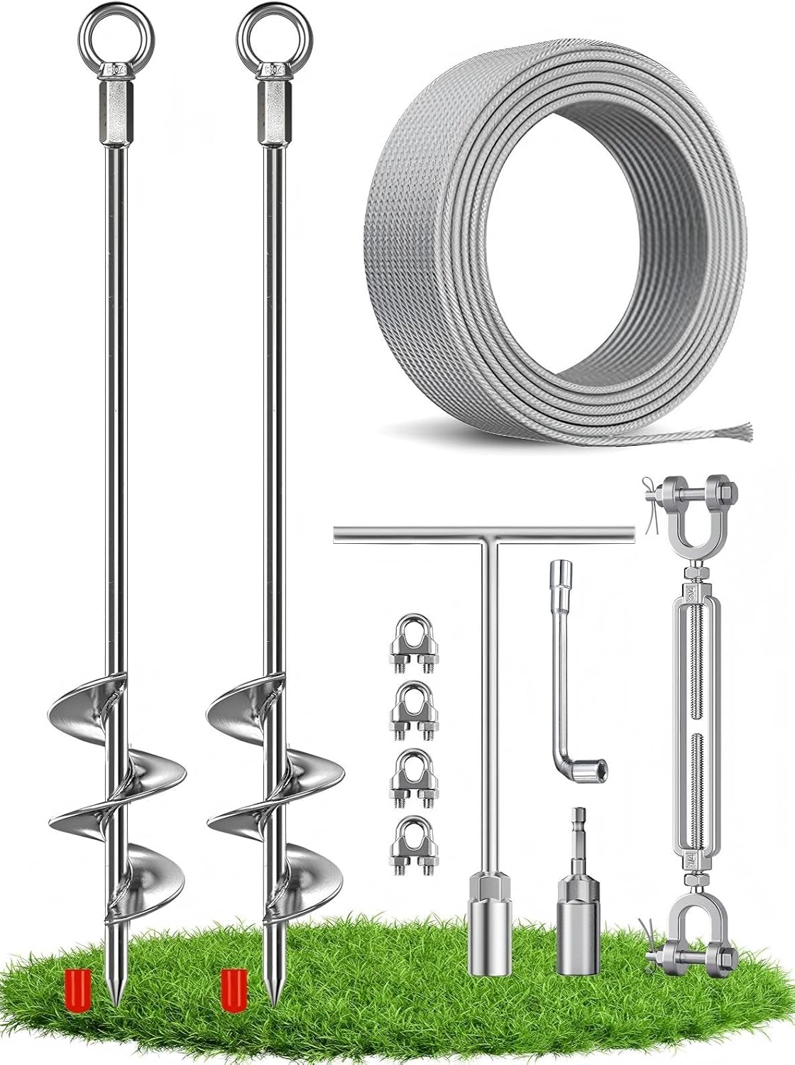 Shed Anchor Kit 30 Inch, Shed Tie Down Anchor Kit, Ground Anchors Heavy Duty Screw in - 2 Pack Chrome Plated Earth Anchors with 3/16" Cable, 304 SS Jaw Turnbuckles for Shed/Gazebo/Greenhouse