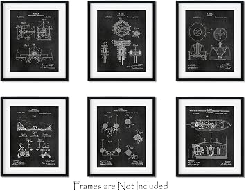 ArtCantHurtU Nikola Tesla Inventions Patent Prints Set of 6 (8x10) Industrial Wall Art Decor Chalkboard Mechanical Engineer Gifts For Men Inventor Electronics Engineering College Students
