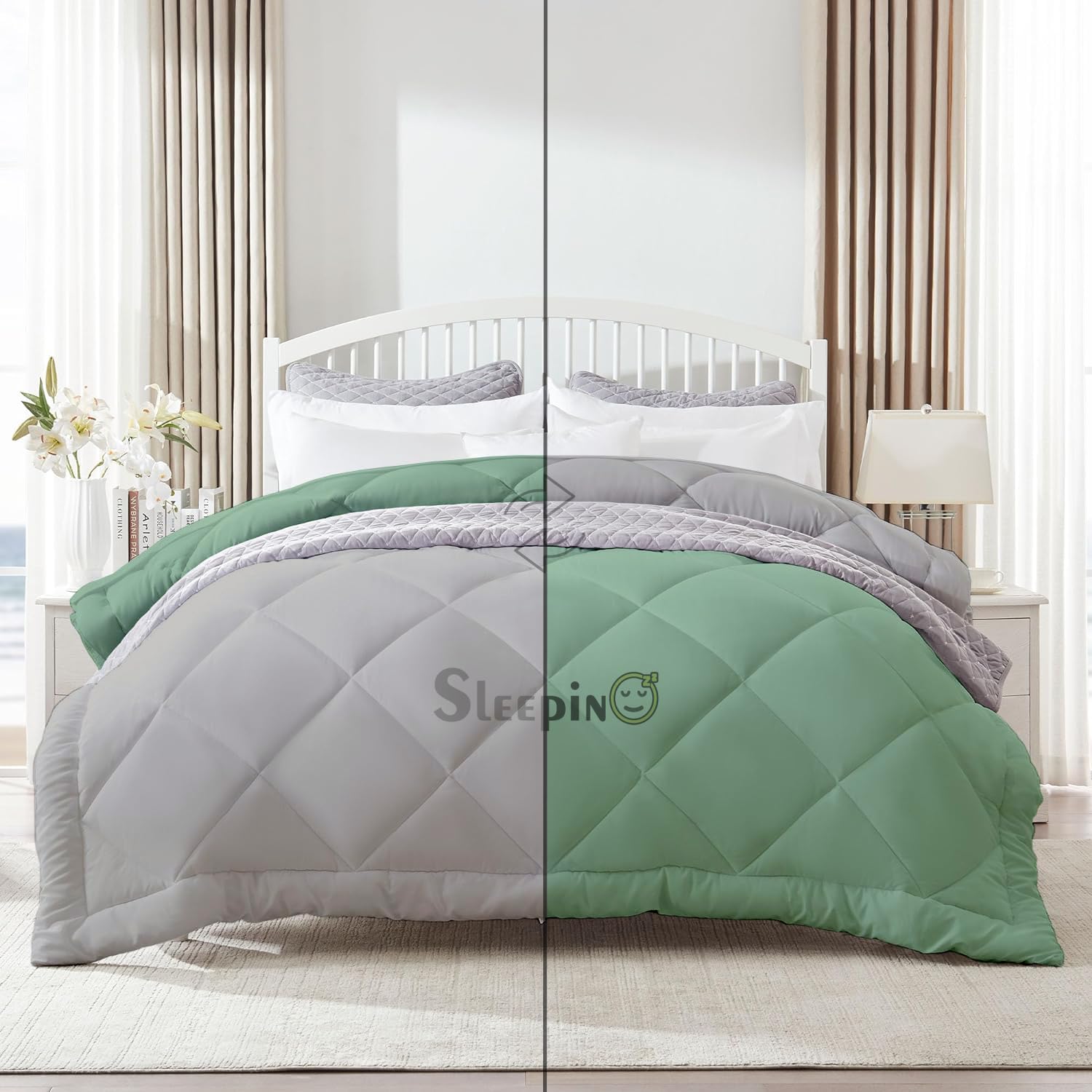 SLEEPINO 400-GSM Single Bed Comforter for Winter 60x90 Inch | Microfiber Reversible Comforter Double Bed | Breathable/Rajai/Blanket/Duvet/Quilt - (Single Bed-SageSilver)-image-17