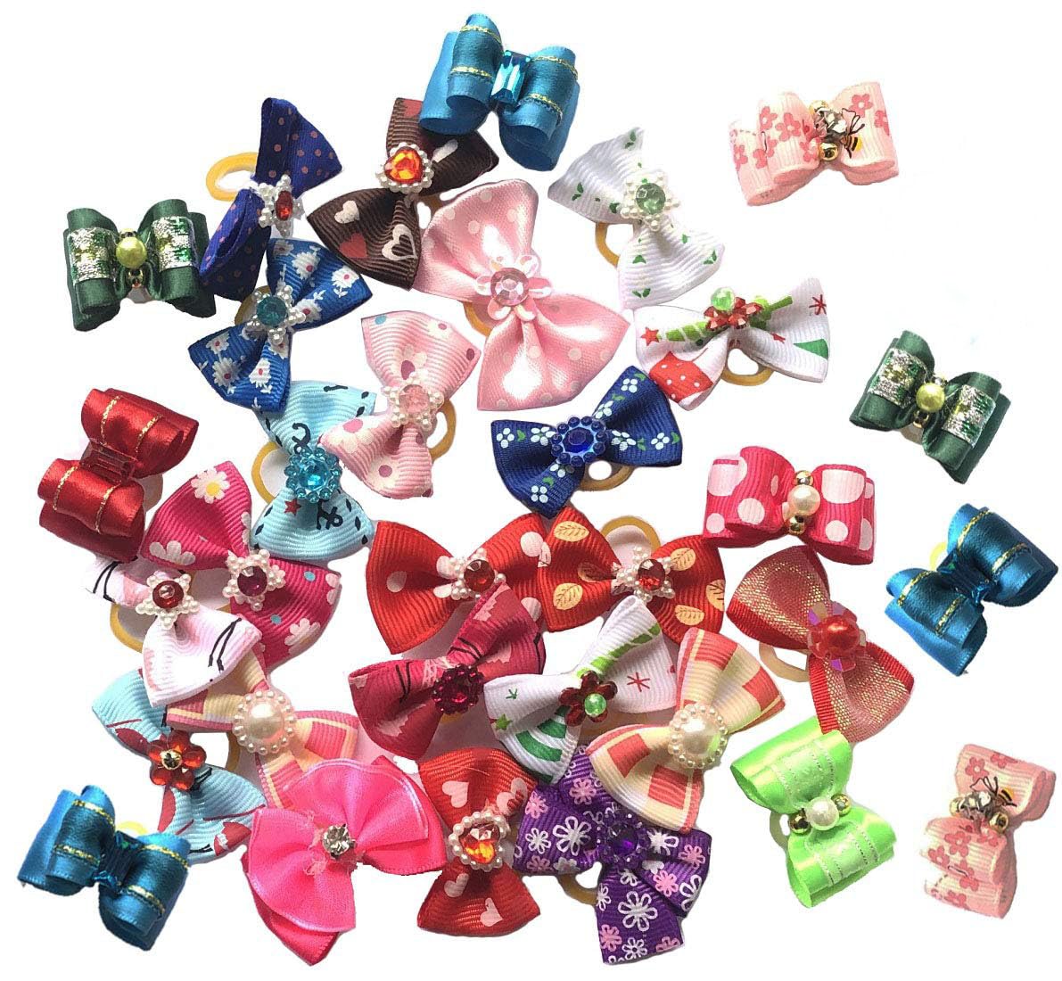 Lot de 50 nœuds en poils d'animaux avec bande en caoutchouc pour petits chiens Yorkshire, couleurs assorties