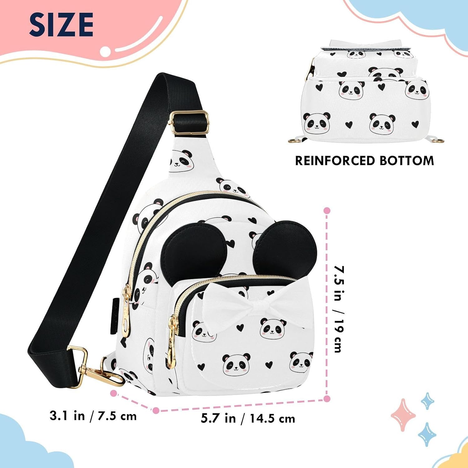 Panda Heart Kids Sling Bag for Girls, 7.5x3.1x5.7 In | Crossbody Fanny Pack, Toddler Purse, Cute Sling Belt Bag with Ears, 2L Small Shoulder Chest Bag for Travel