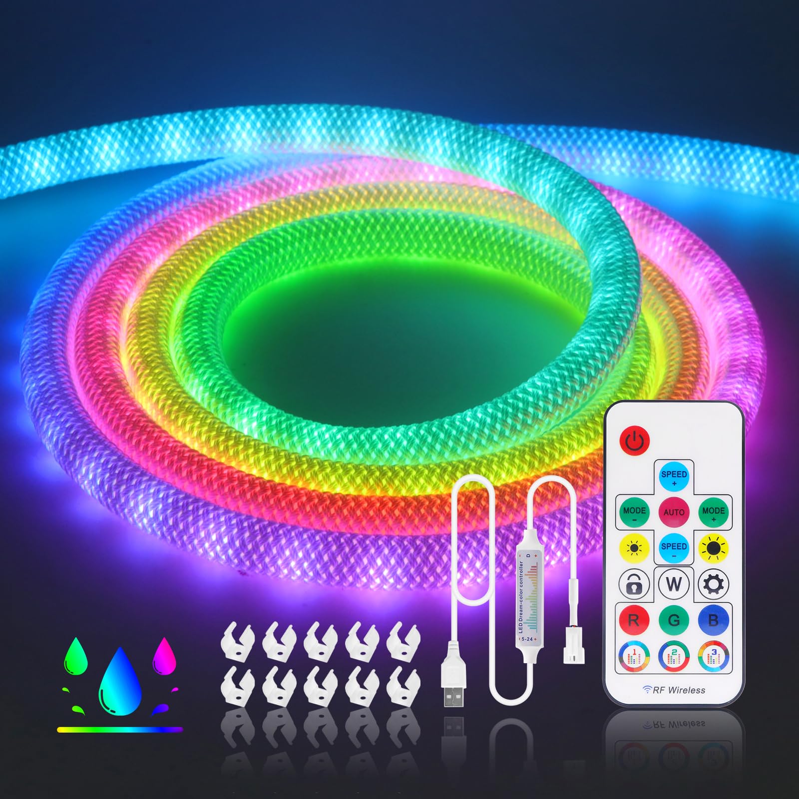 KAFULA 360° Glowing Round Tube LED Neon Light Strip, USB Powered, WS2812B 1M RGB Color Changing LED Light Strip with Remote Control, IP67 Waterproof Flexible, Home DIY Decoration