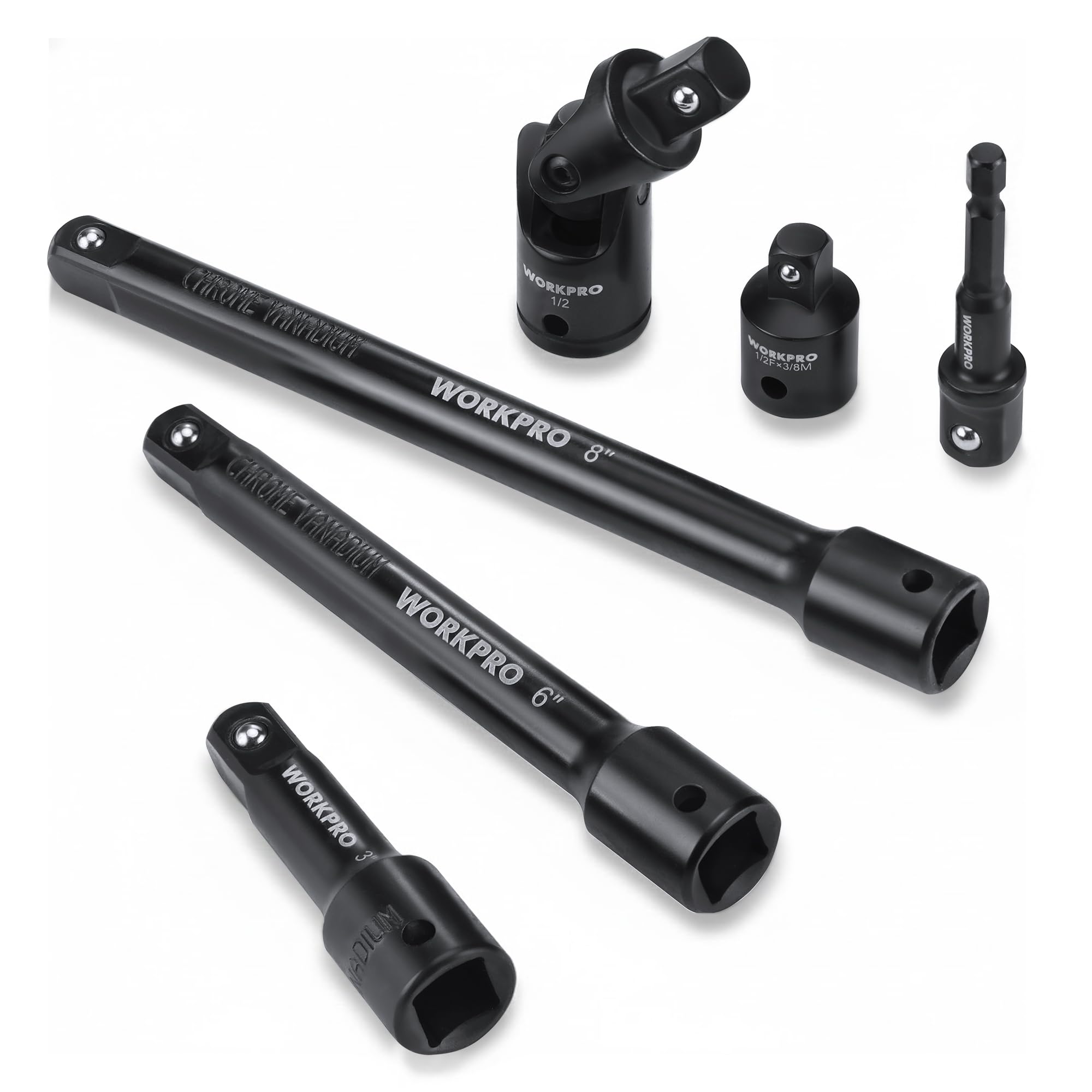 WORKPRO 6-Piece 1/2" Drive Impact Socket Extension Set, Includes 3", 6", 8" Extension Bars, Universal Joint and Socket Adapter, Premium CR-V Steel