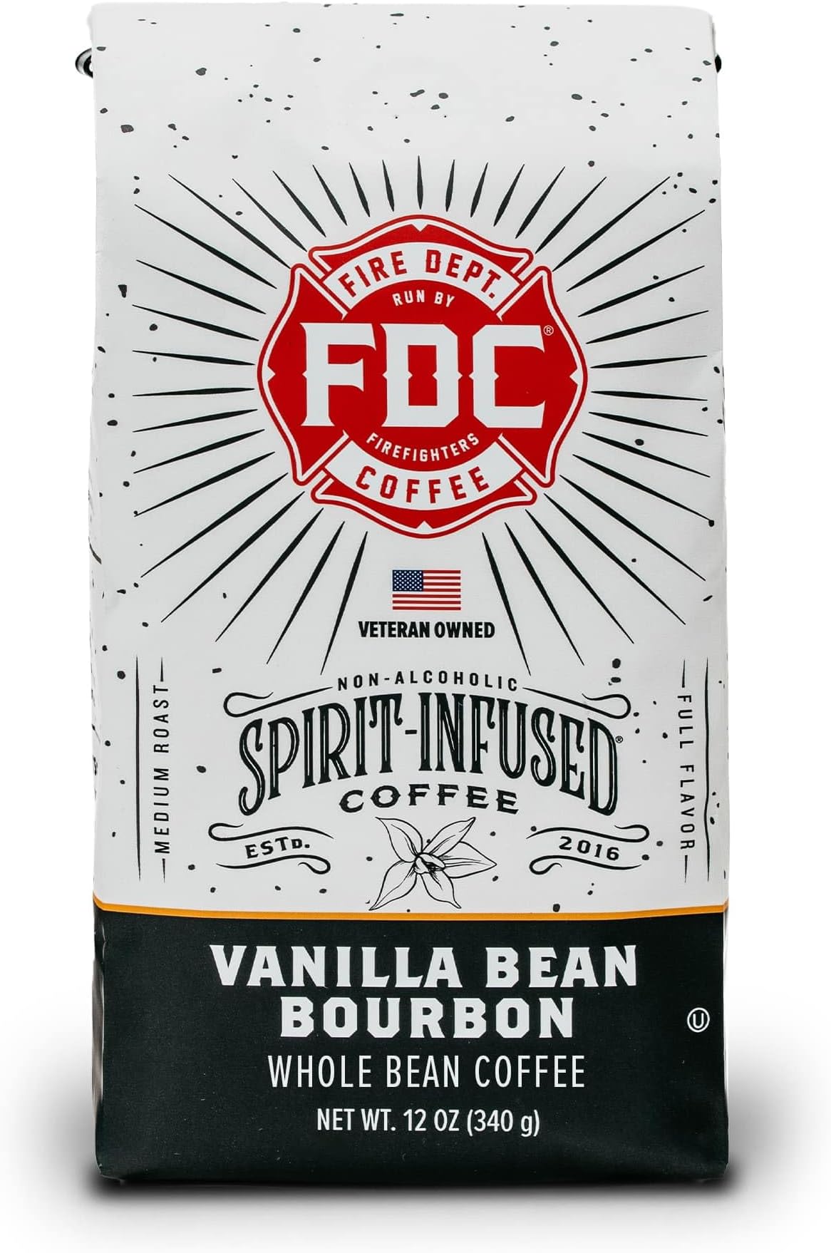 Fire Department Coffee - Vanilla Bourbon Coffee - Gives Back to Firefighters - Vanilla Bean Bourbon Infused Whole Bean - Non-Alcoholic - Roasted in the USA - Veteran Owned - 12 oz