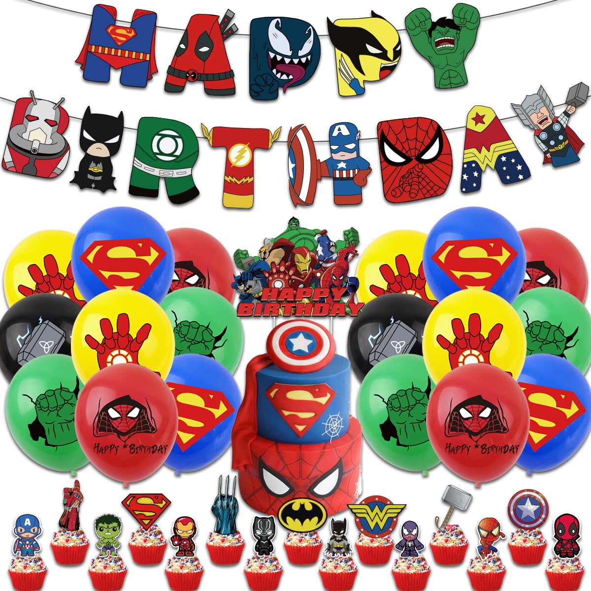 Avenger Superhero Birthday Decorations - Happy Birthday Banner, Cake Toppers, Balloons, Cupcake Toppers, Superhero Party Deco for Kids