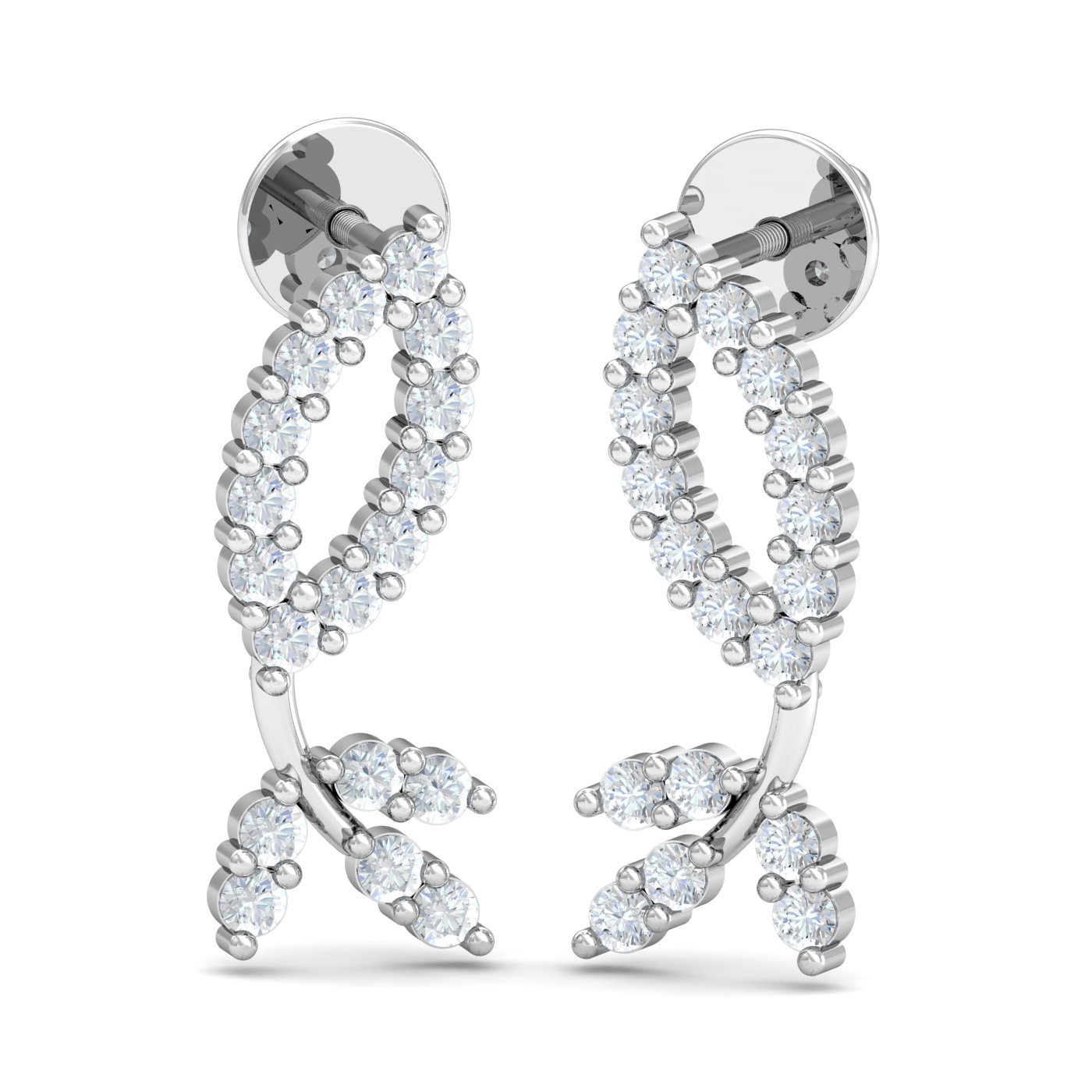 14KT White Gold Diamond Rising Leaf Stud Earrings for Women-image-9