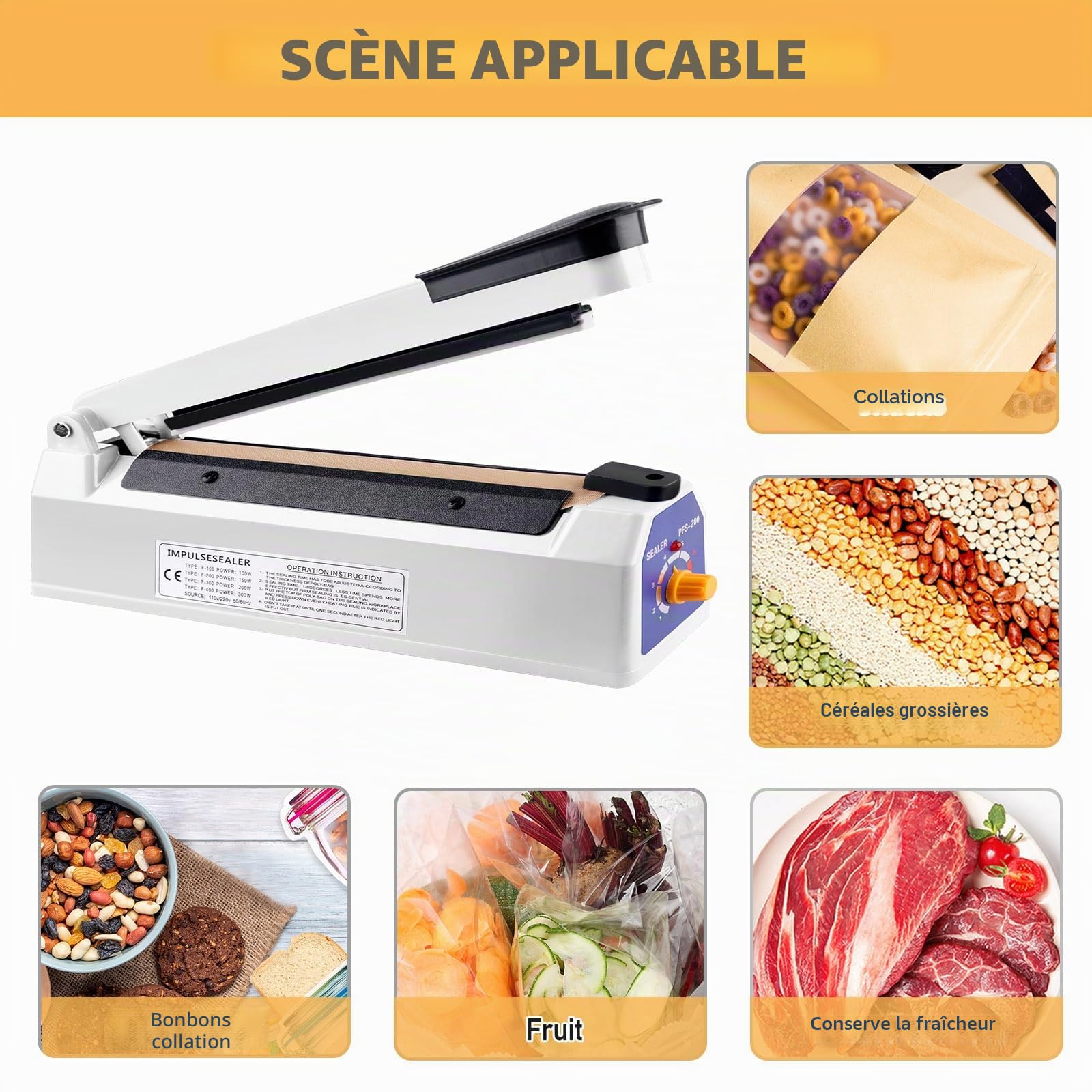 Scelleuse Thermique 200 mm, Thermoscelleuse Machine, Impulse Heat Sealer, Machine à Sceller à Chaud, Soudeuse Thermique, Thermoscelleuse, pour Sacs en Plastique, PE, PP, Mylar