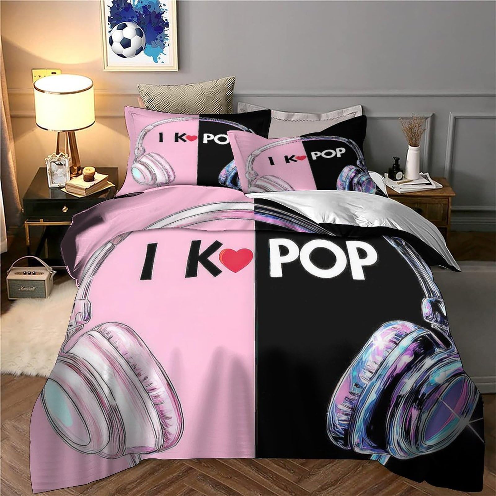 Funda Nórdica 3D Impresa K-Pop Música Microfibra Decoración Dormitorio Juego de Ropa de Cama Auriculares Jóvenes Adultos Super King（260x220cm）
