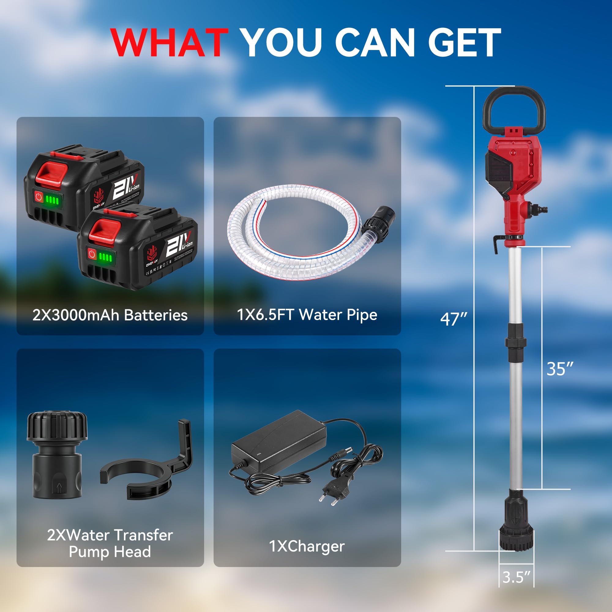 ONEVAN Pompa dell'acqua a batteria con asta telescopica, senza spazzole, senza fili, 21 V, 10 m, portata 2740 l/h, tubo da 2 m, 2 batterie da 3000 mAh, per giardino, piscina, acqua piovana