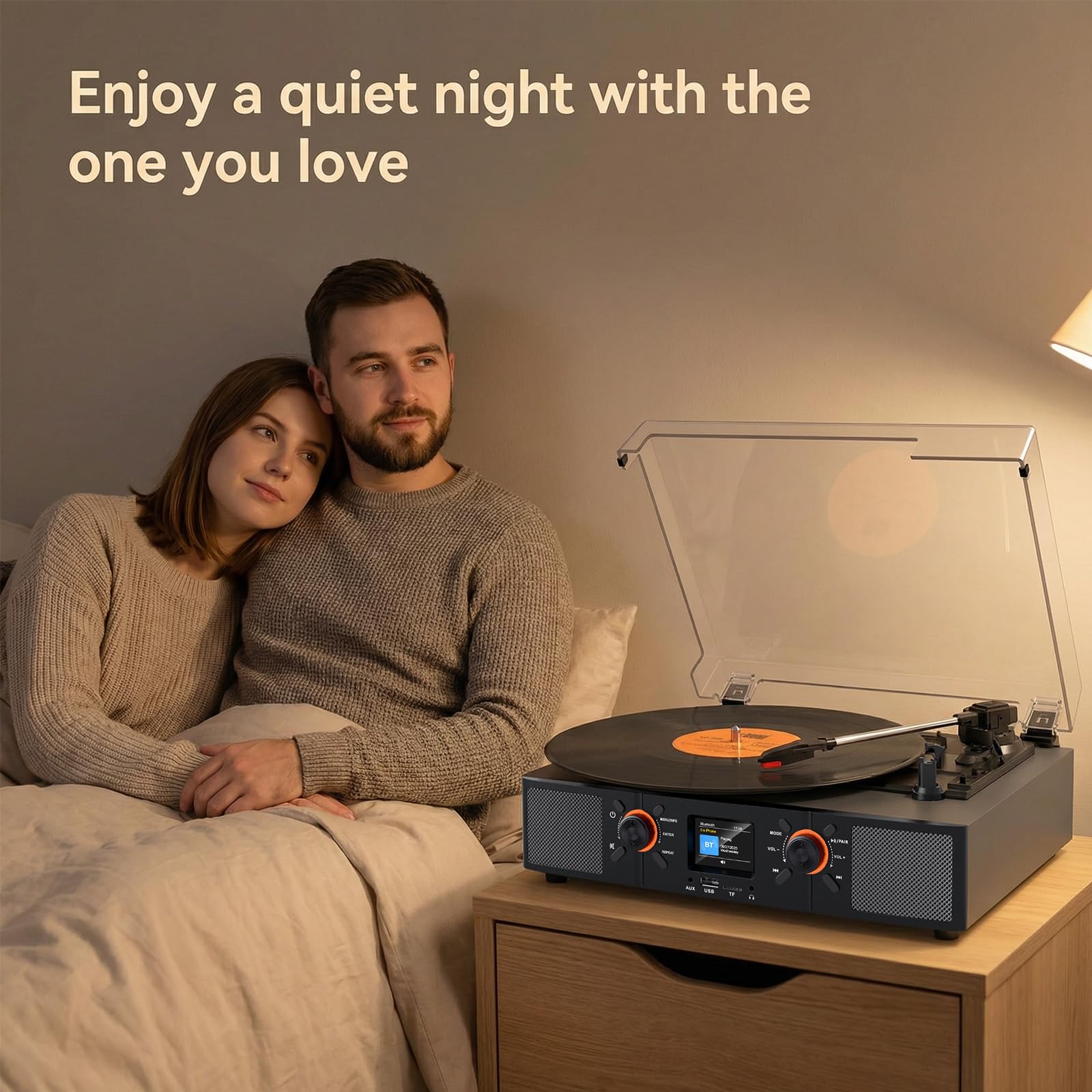 Giradischi in vinile con altoparlanti integrati, giradischi Bluetooth con trasmissione a cinghia a 3 velocità con display LCD, riproduzione USB, orologio, RCA, AUX e jack per cuffie, grigio
