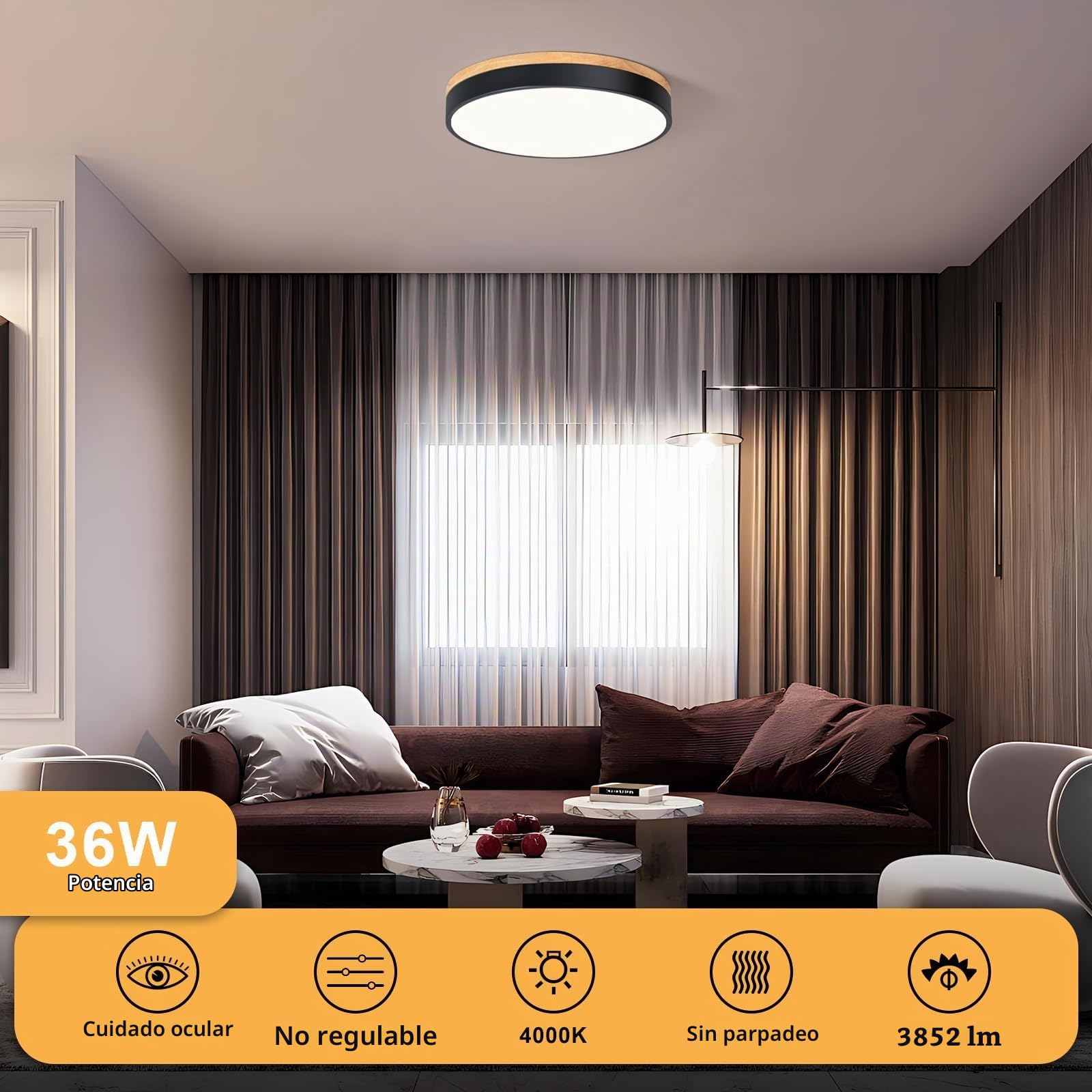 Plafon Led Techo, Plafon Techo Negro, 4000K, 36W, Ø40 cm | Moderna Lampara Techo Madera, para Dormitorio, Sala de Estar, Comedor, Cocina, Pasillo