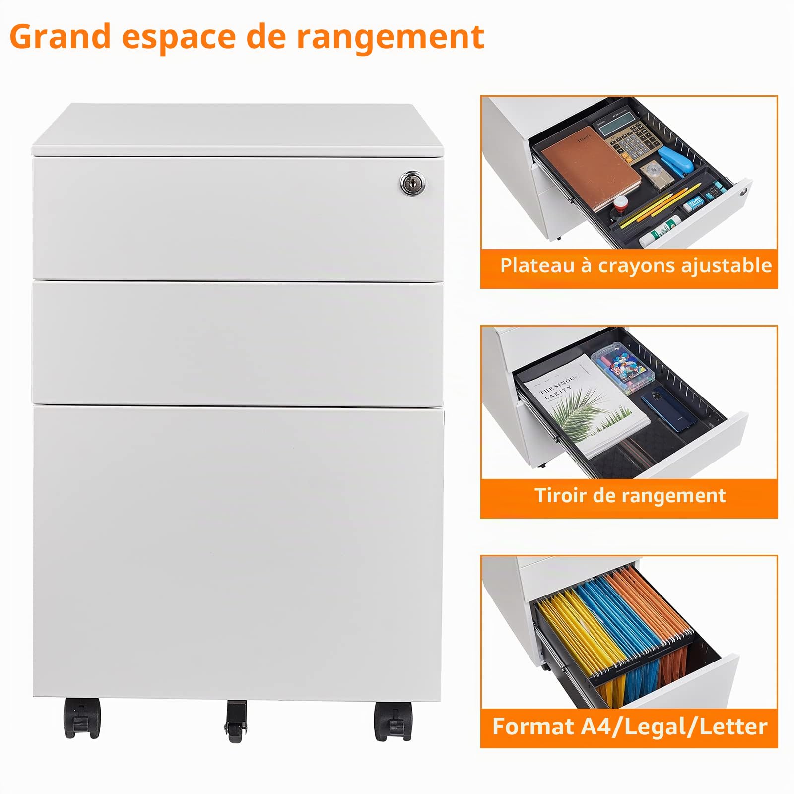 Sightlife Metal Caisson de Rangement Mobile Caisson de Bureau à 3 Tiroirs Meuble à dossiers Bureau Placard de Rangement Mobile Rangement Document à roulettes 39 x 50 x 60 cm Blanc