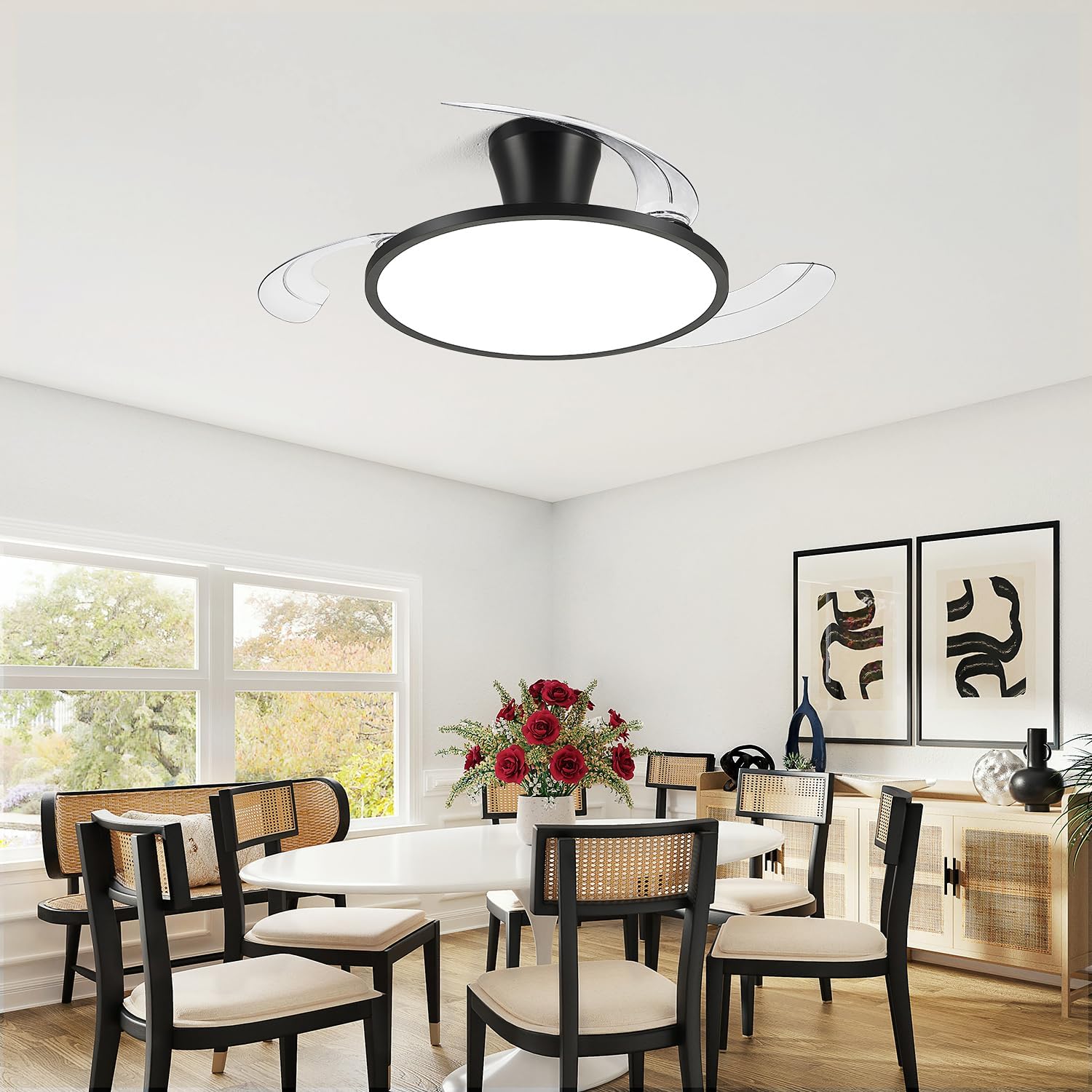 42“ retractable ceiling fan with light, slim fandelier ceiling fans with remote & app control, full spectrum, low profile modern ceiling fan for bedroom living room kitchen, black 8001a-black 42 inch