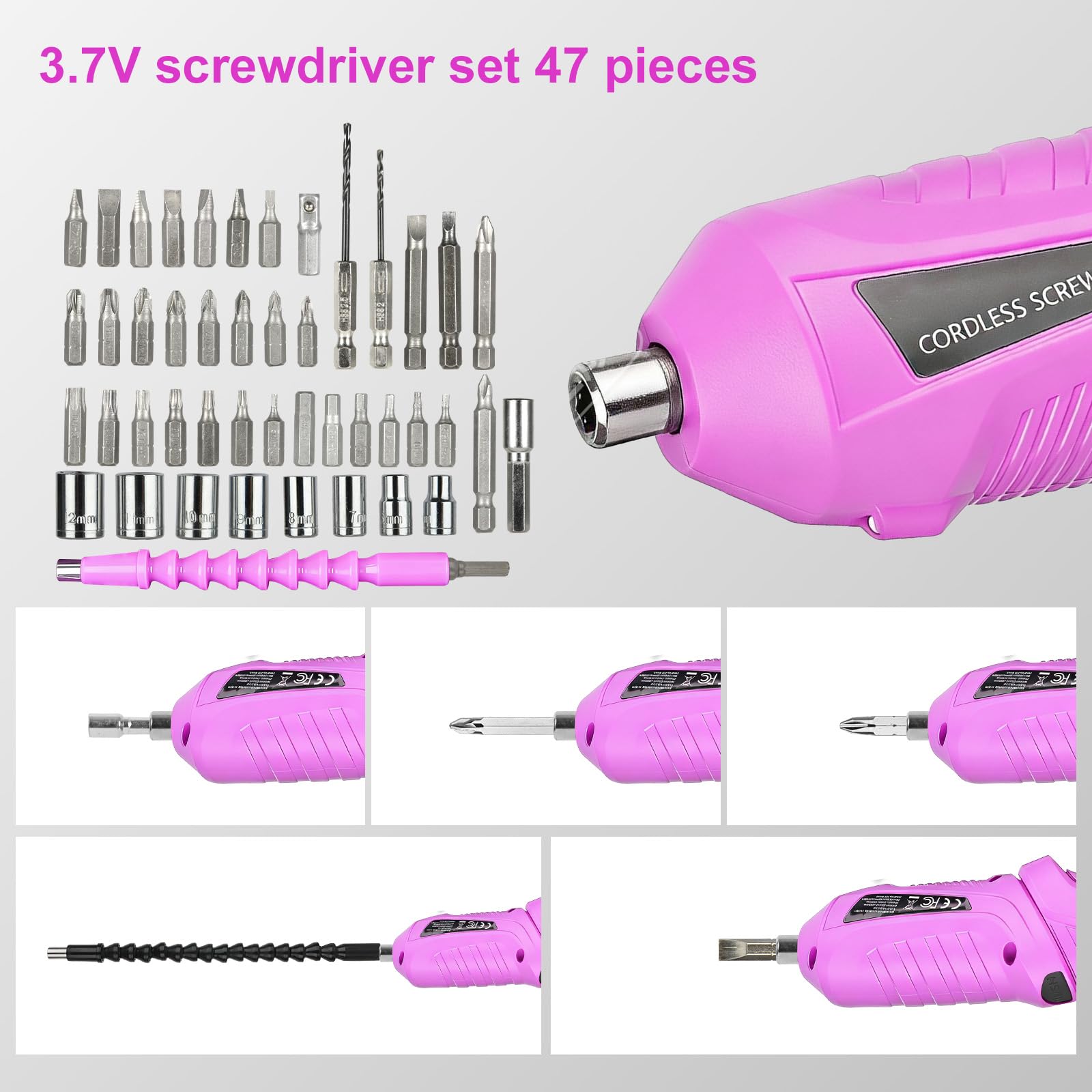Mini Avvitatore a Batteria 3.6V 1300mAh Ricaricabile USB, Cacciavite Elettrico 47 Pezzi, Coppia 3.6Nm, 2 Posizioni 90°-180°, Luce LED Nero