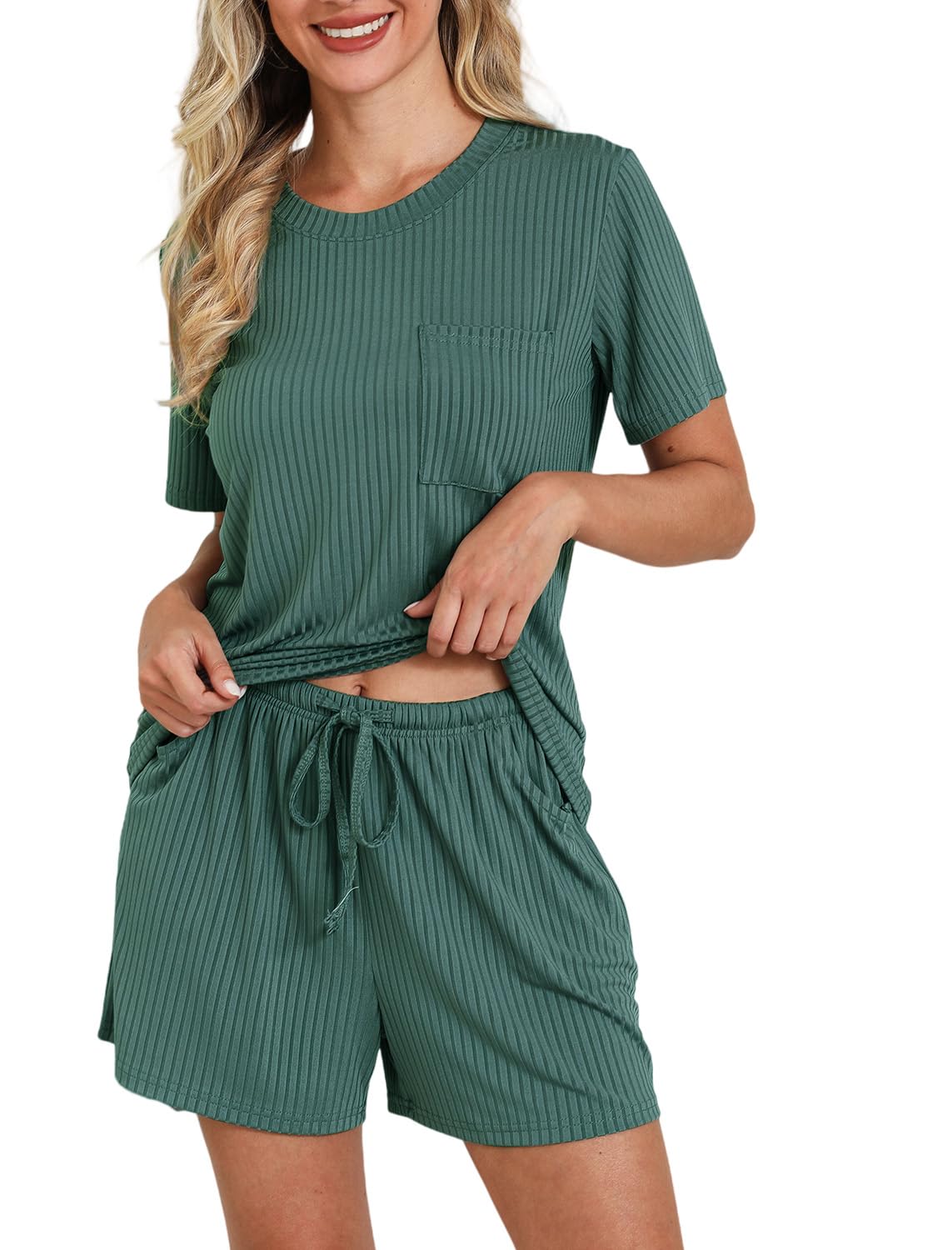 EISHOPEER Matching Pajamas for Couples 2 Piece Lounge Set Ribbed Knit Pajama Matching Tops and Shorts Soft Sleepwear S-XXL