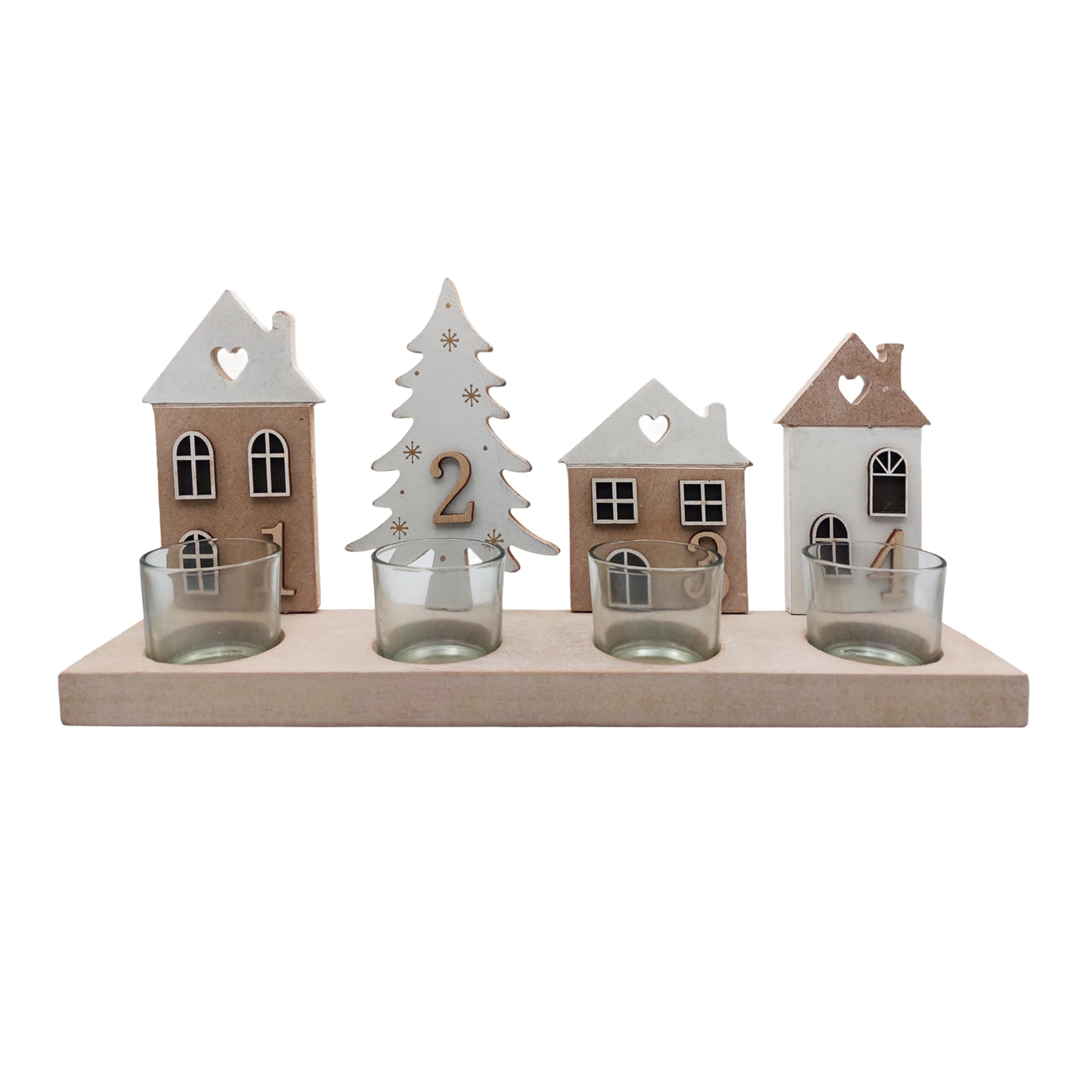 Bougeoir de l’Avent en Bois Naturel avec 3 Maisons et 1 Sapin: décoration de Noël Moderne pour 4 Bougies Chauffe-Plat, déco intérieure scandinave Blanche et Grise, 34 x 16,5 cm