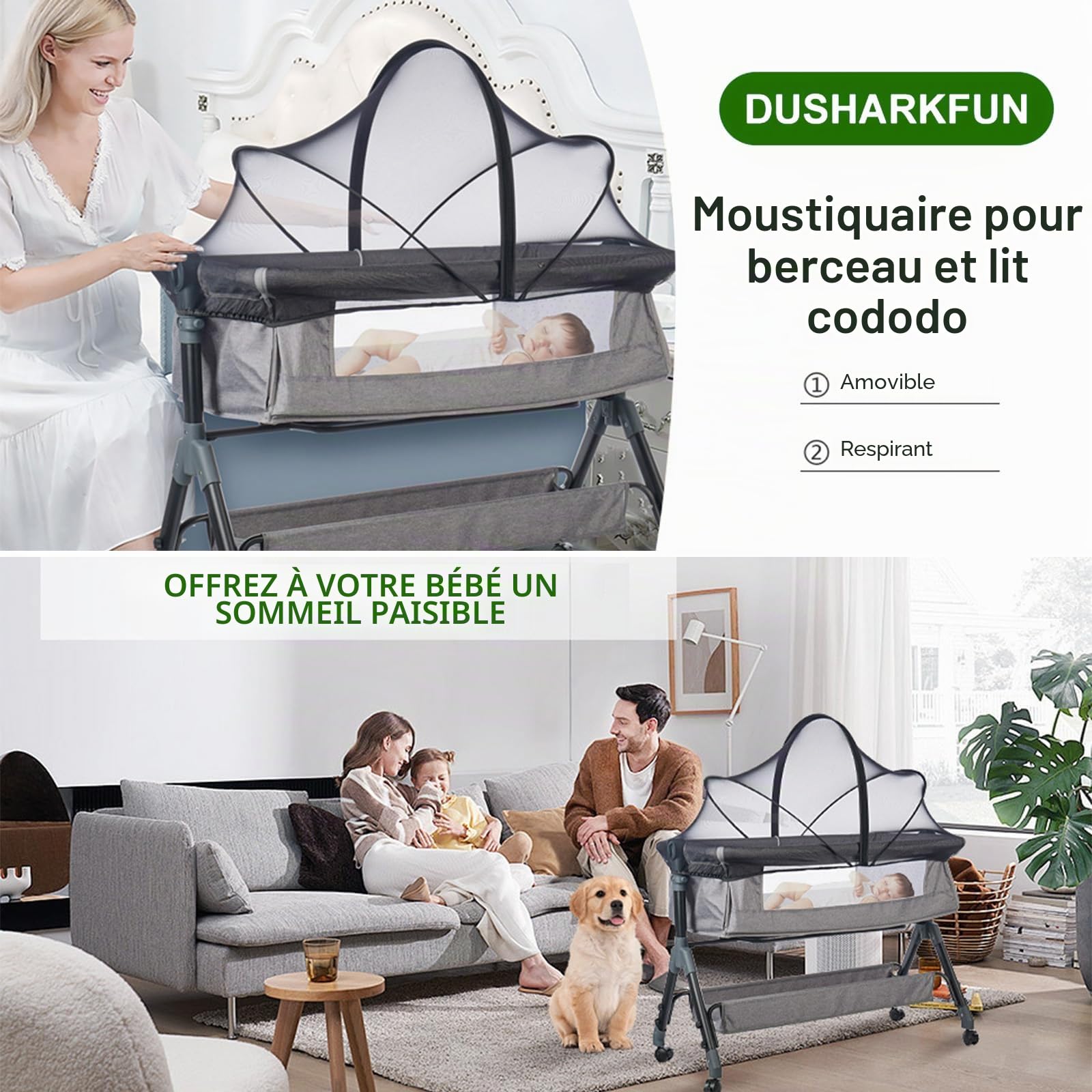Moustiquaire universelle pour lit de voyage, pour lit d'enfant, avec fermeture éclair silencieuse pour lit, accès facile, installation rapide, filet anti-insectes à mailles fines