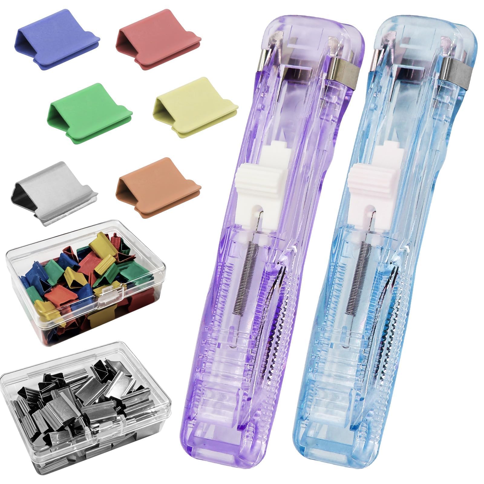 2Pcs Portable Clam Clip Pusher with 100 Reusable Push Clips, Portable Paper Binder Clip Stapler Dispenser Silver & Colorful Metal Office Supplies in Clear Box for Home Organization School Office