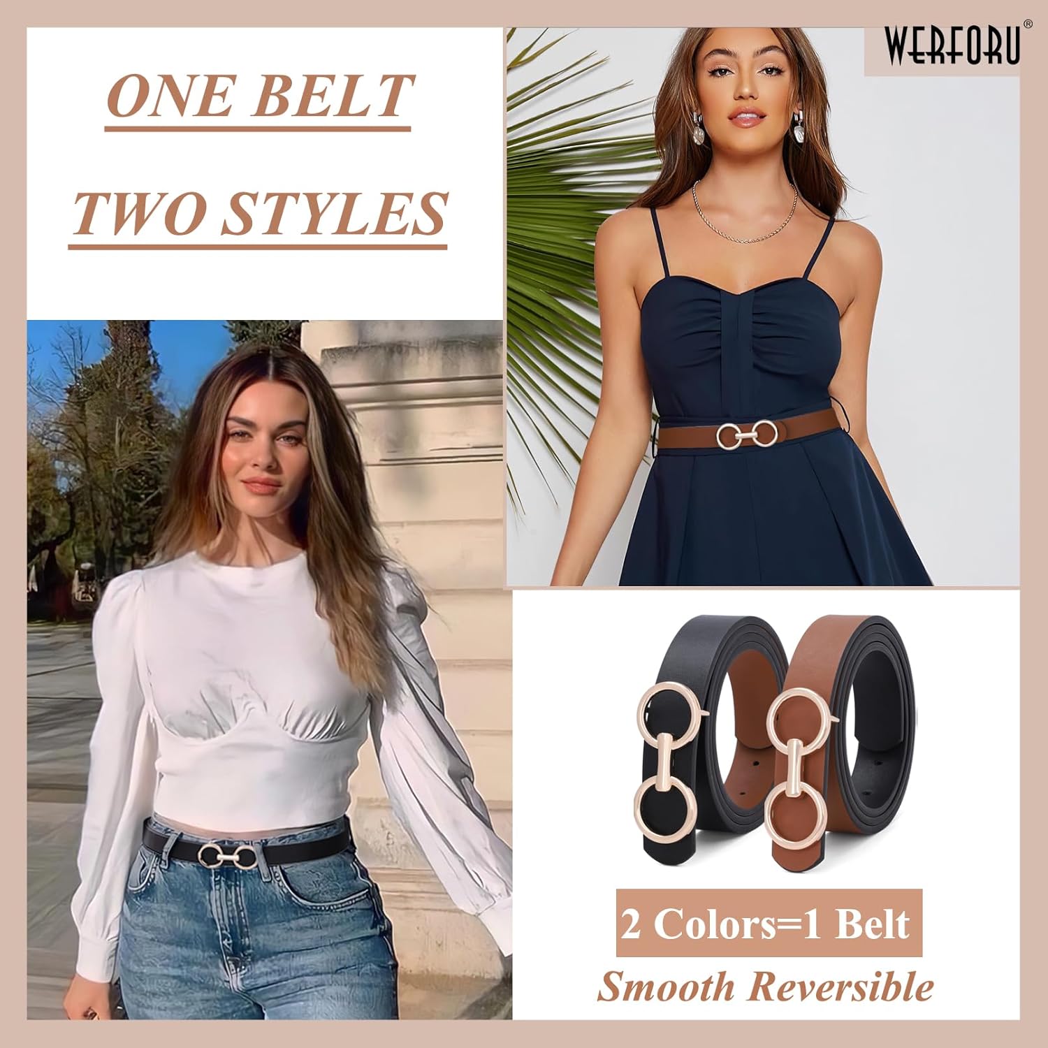 Miniatura 2 de Cinturón de cuero reversible para mujer, cinturón de cuero con anillo tórico dos en uno para vestido de jeans