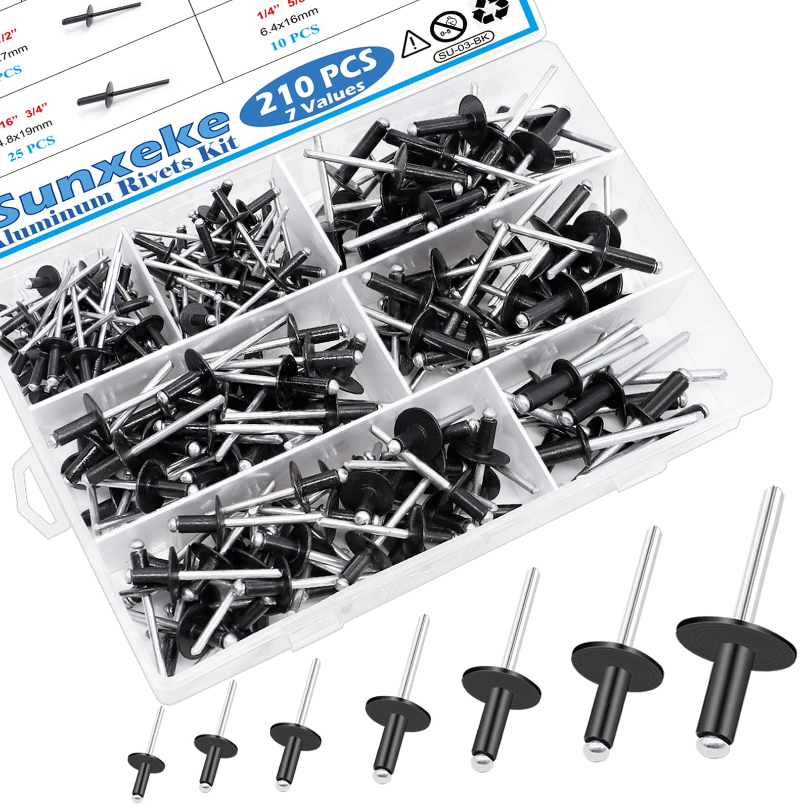 210-teiliges schwarzes Pop-Nietensortiment, 7 Größen, großer Flansch, Aluminium-Nieten (1/8 Zoll, 3/16 Zoll, 1/4 Zoll), verschiedene Blindnieten für Heimwerker/Autoreparaturen/mit Box