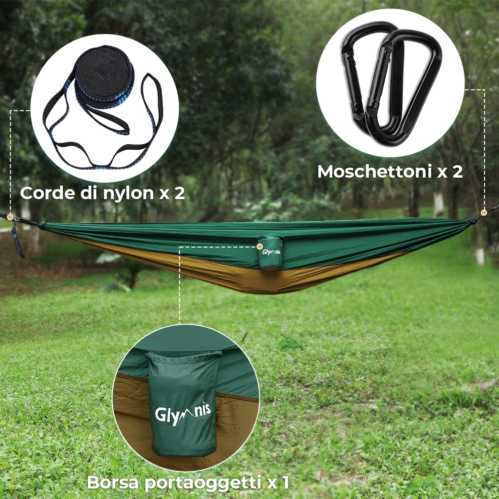 Amaca ultraleggera da viaggio per esterni con corde di sospensione e moschettoni in acciaio, capacità carico 300 kg per campeggio giardino