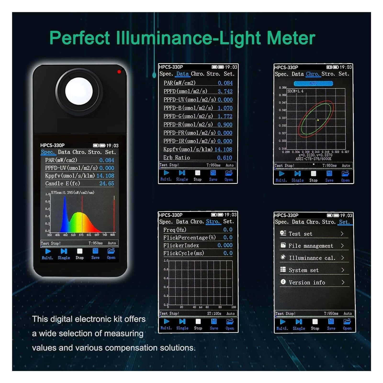 HPCS-330P Tragbares drahtloses Lichtspektrometer mit Wellenlängenbereich 350–800 nm PPFD PAR-Meter mit Flimmertest