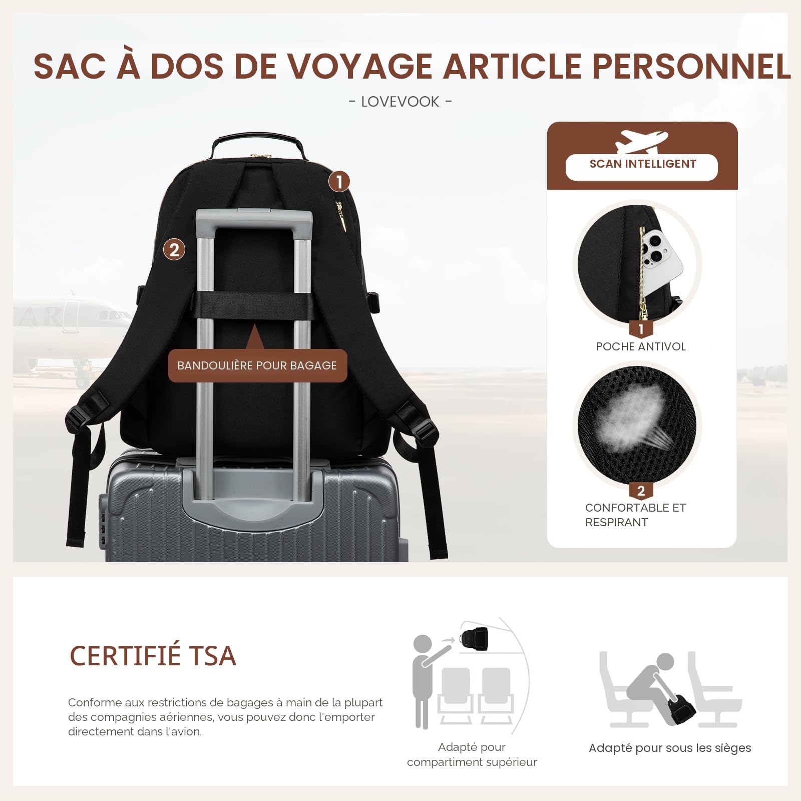LOVEVOOK Sac à dos pour femme avec poche pour grande gourde, pour ordinateur portable de 15,6 pouces, idéal pour le voyage, le travail, les affaires et les enseignants universitaires, étanche.