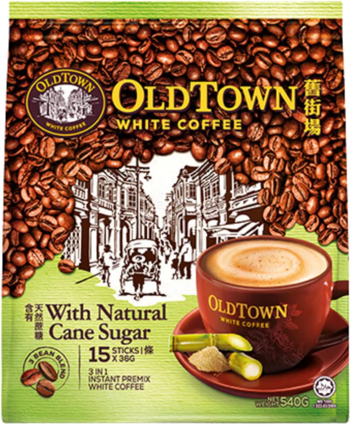 Old Town 3 in 1 Natural Cane Sugar White Coffee. 19 Oz (15 Sticks X 36g) 540g (Imported Malaysia)