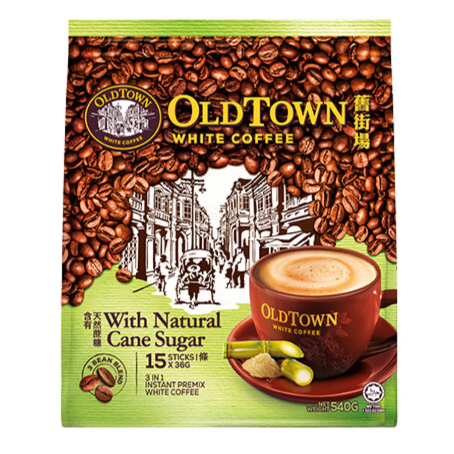 Old Town 3 in 1 Natural Cane Sugar White Coffee. 19 Oz (15 Sticks X 36g) 540g (Imported Malaysia)