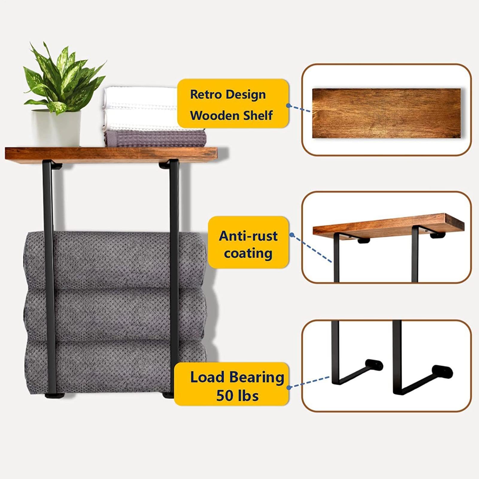 Mensola a parete - 15,7 x 7,8 x 5,9 pollici Supporto in ferro robusto | tavole di legno resistenti | Capacità di peso di 40 kg Previene perdite goccioline Struttura sicura Bagno doccia Attrezzature