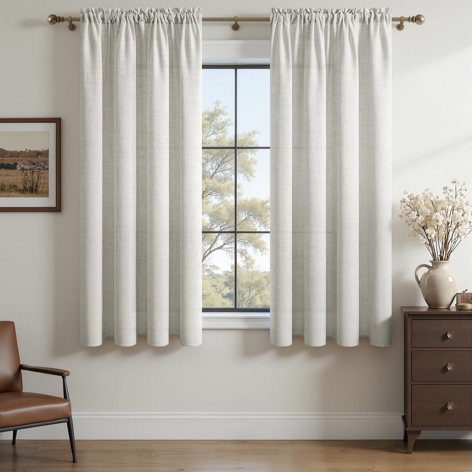 MRTREES Linen Semi Sheer Rod Pocket Curtains 48 Inch Drop, Small Window Net Voile Privacy Curtains for Bedroom Kitchen Living Room, 2 Panels 140x122 CM 55x48 Inch Beige